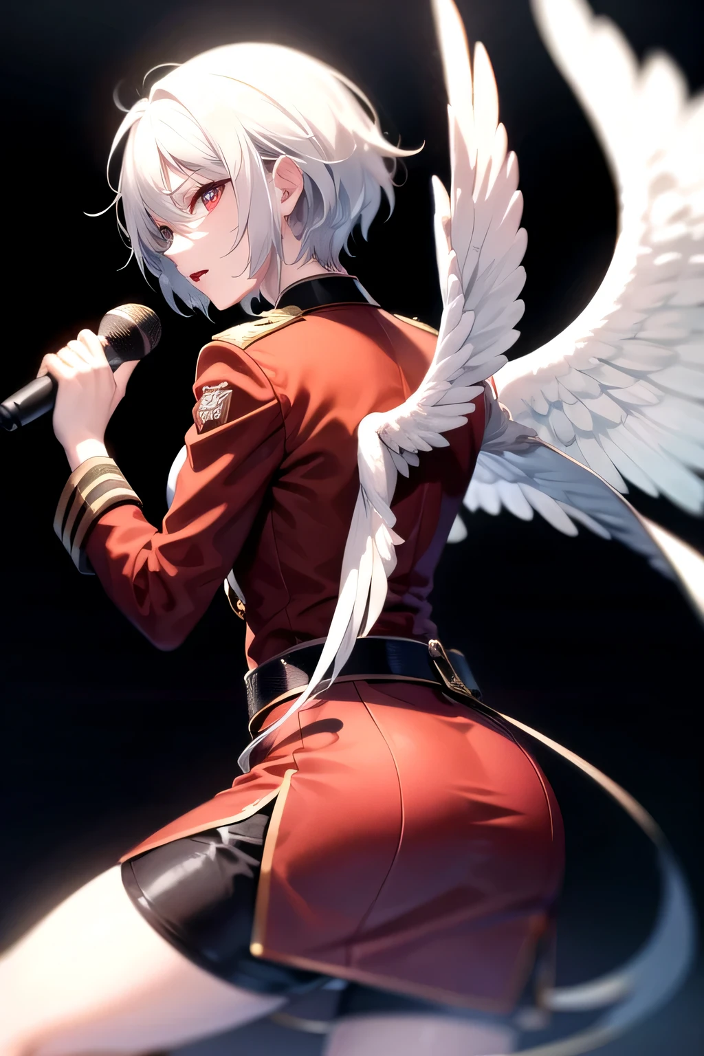 White hair, silky hair, vocalist, angel wings growing from his back, microphone in both hands, red eyes, white military uniform, facing forward