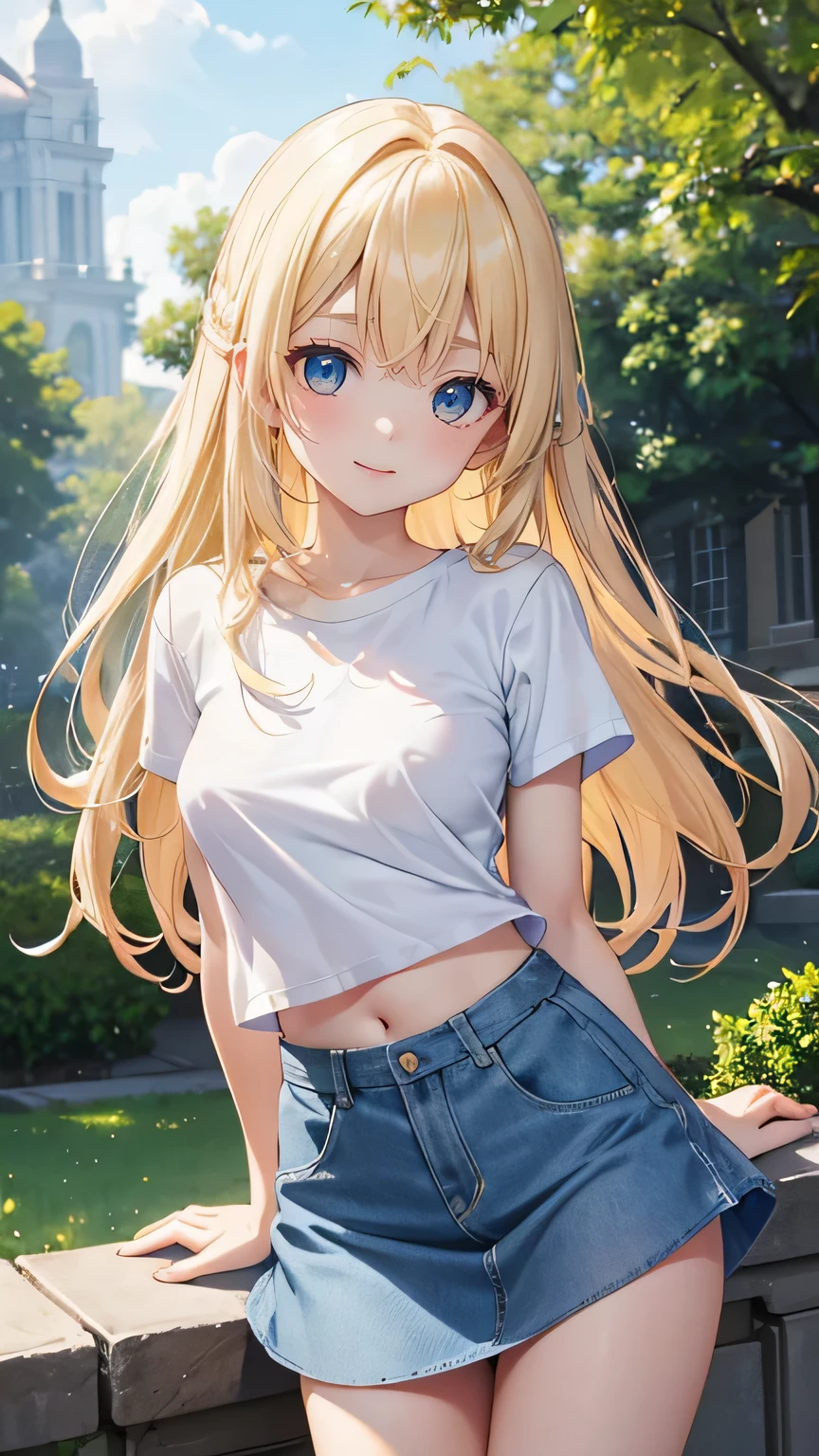 Very cute girl、(11 years old)、light yellow hair、Long Straight Hair、Bangs are too close to the eye、Light Blue Eye、(Normal human ear)、Thin arms、Beautiful body、Slim legs、large, well-shaped breasts,、clear white skin、smile、(Open-chested T-shirt、mini skirt、White and blue)、I know the shape of the nipples、(rose garden)、Ultra HD、Digital SLR、