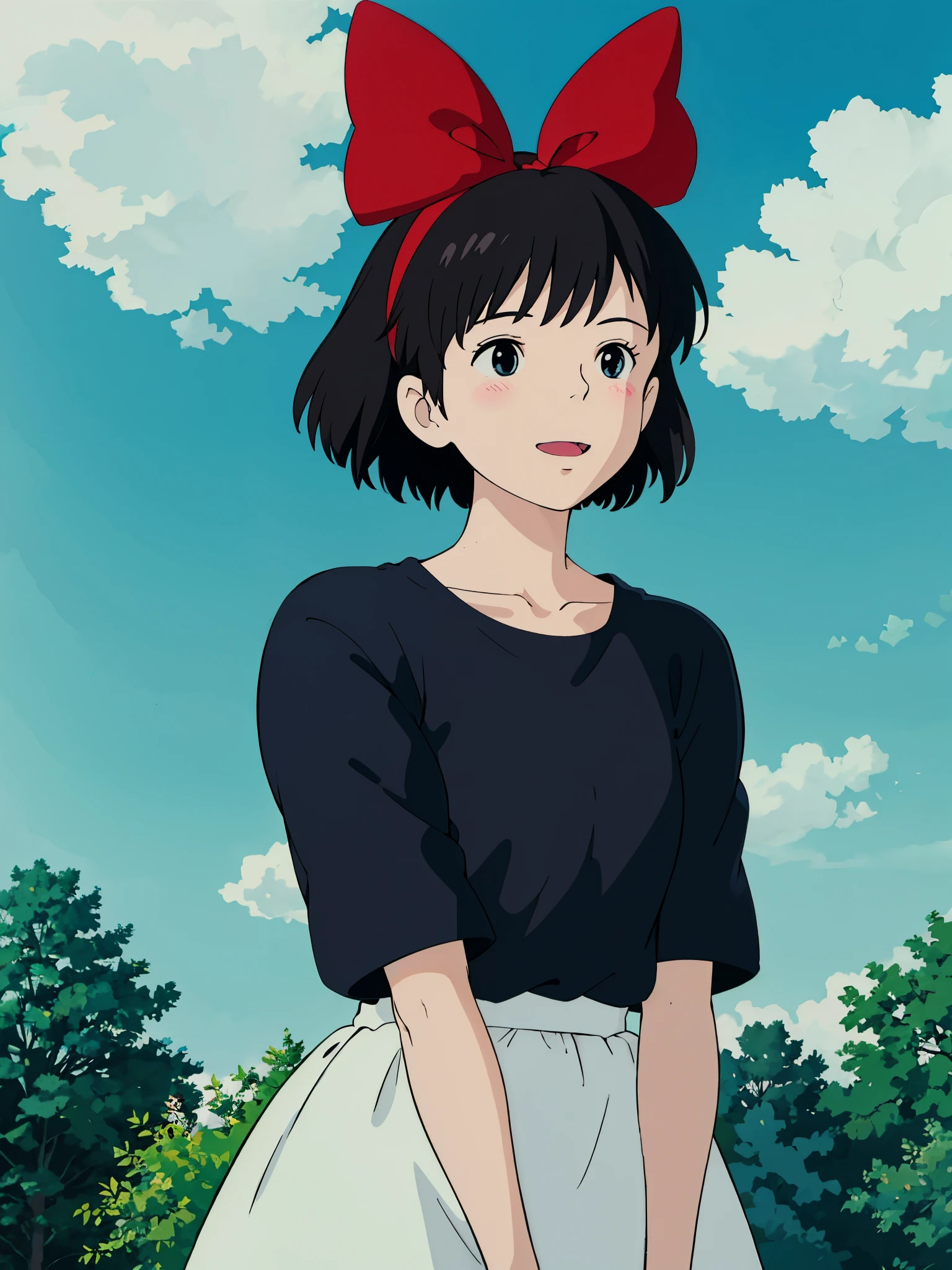 Ghibli style, Qiqi \(Kiki's Delivery Service\), 1 Girl,, Bangs, black eyes, Black Hair, black shirt, blush, bow, bow Headbands, hair bow, Headbands, outdoor, red bow, red Headbands, shirt, short hair, Solitary, Sunlight, Upper Body, Happy ,Blue sky and white clouds asterpiece))