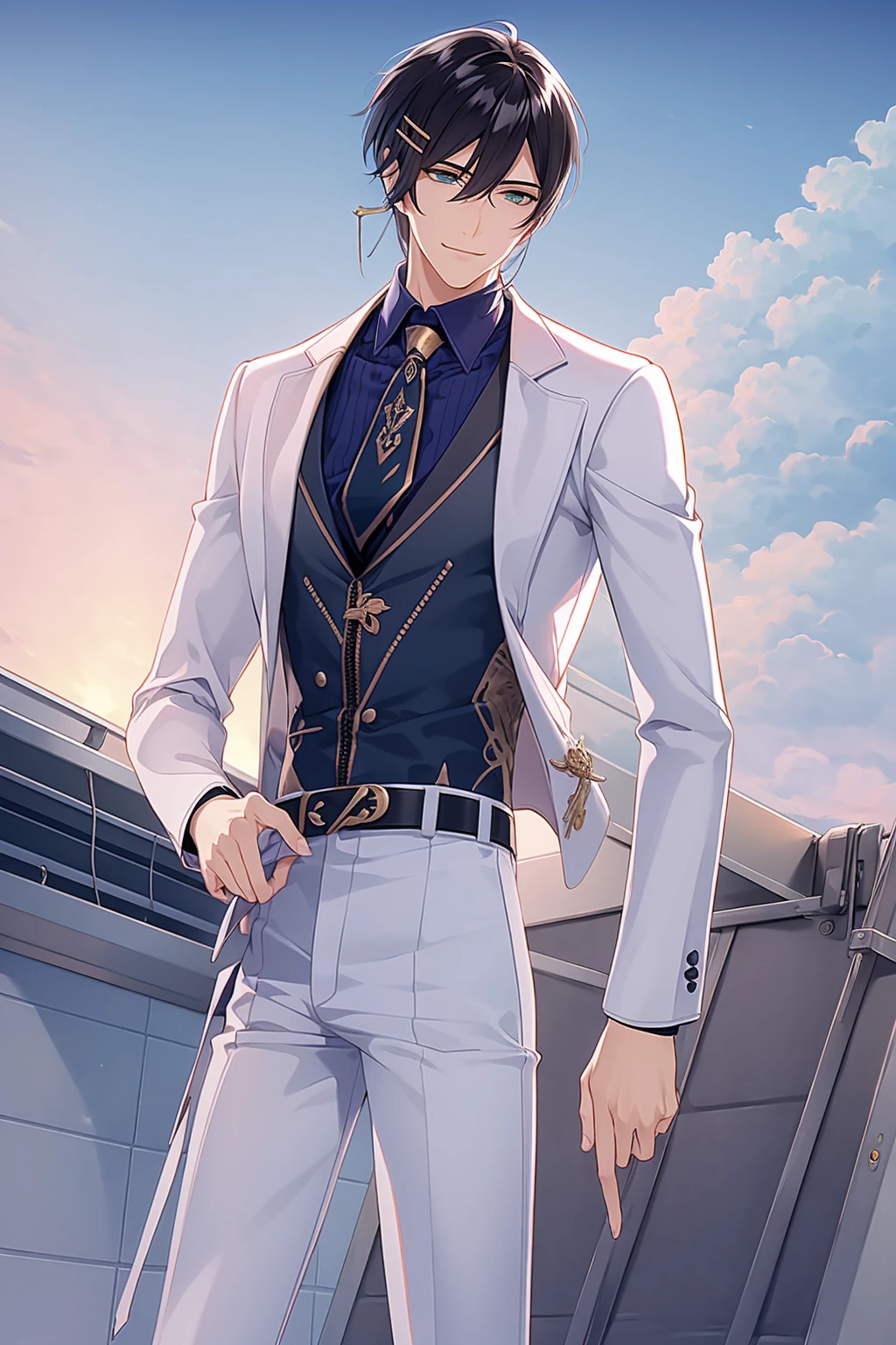 (best quality), ((masterpiece)), (highres), illustration, original, extremely detailed wallpaper. 108k, male focus, 1boy, solo, necktie, bruno bucciarati, black hair, shirt, bangs, hair ornament, white jacket, jacket, zipper, formal, blue eyes, bob cut, black shirt, sitting, pants, suit, white pants, white necktie, patterned clothing, username, print necktie, long sleeves, cloud, smile, sky, blunt bangs, hairclip, collared shirt, looking to the side, outdoors, zipper pull tab, belt, white suit, closed mouth