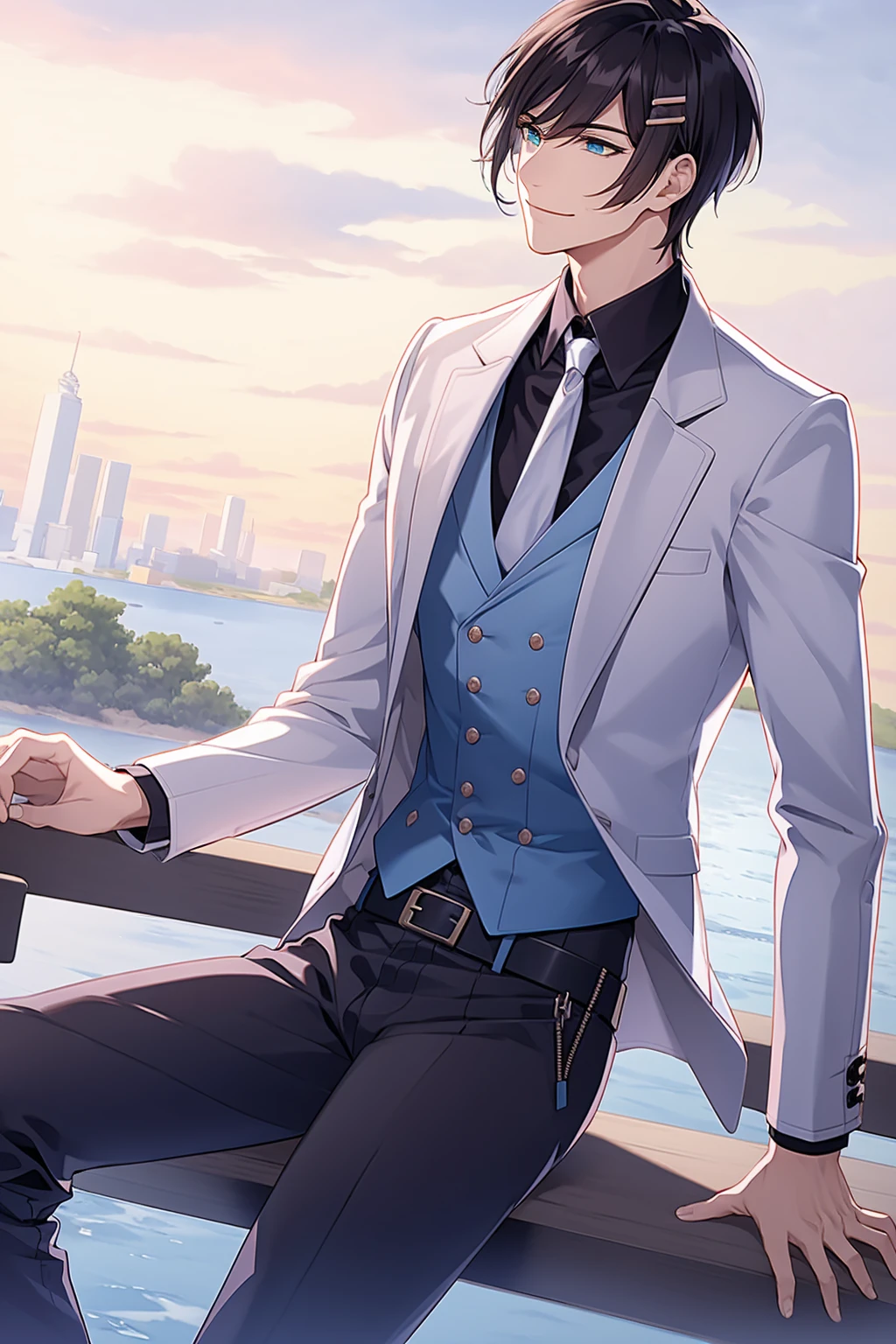 (best quality), ((masterpiece)), (highres), illustration, original, extremely detailed wallpaper. 108k, male focus, 1boy, solo, necktie, bruno bucciarati, black hair, shirt, bangs, hair ornament, white jacket, jacket, zipper, formal, blue eyes, bob cut, black shirt, sitting, pants, suit, white pants, white necktie, patterned clothing, username, print necktie, long sleeves, cloud, smile, sky, blunt bangs, hairclip, collared shirt, looking to the side, outdoors, zipper pull tab, belt, white suit, closed mouth