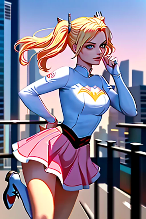 "Margot Robbie(Masterpiece,Ultra-realistic 4K,which is very detailed),(white superhero theme,charming,There was a young woman at the top of the city.,Wear a pink Harley Quinn outfit.,She is a superhero),(30 years old),pink skirt(long blonde hair:1.2),covered with tan,(E Blue Eyes:1.2),Harley Quinn's poses,Show Power,Jump from one building to another.,Sandy city environment(0.8)|(city scenery,nighttime,Full dynamic light tune"