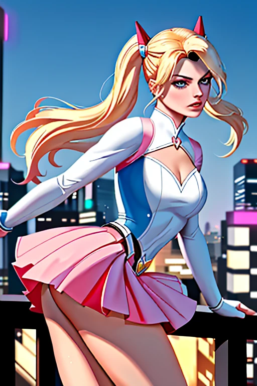 "Margot Robbie(Masterpiece,Ultra-realistic 4K,which is very detailed),(white superhero theme,charming,There was a young woman at the top of the city.,Wear a pink Harley Quinn outfit.,She is a superhero),(30 years old),pink skirt(long blonde hair:1.2),covered with tan,(E Blue Eyes:1.2),Harley Quinn's poses,Show Power,Jump from one building to another.,Sandy city environment(0.8)|(city scenery,nighttime,Full dynamic light tune"