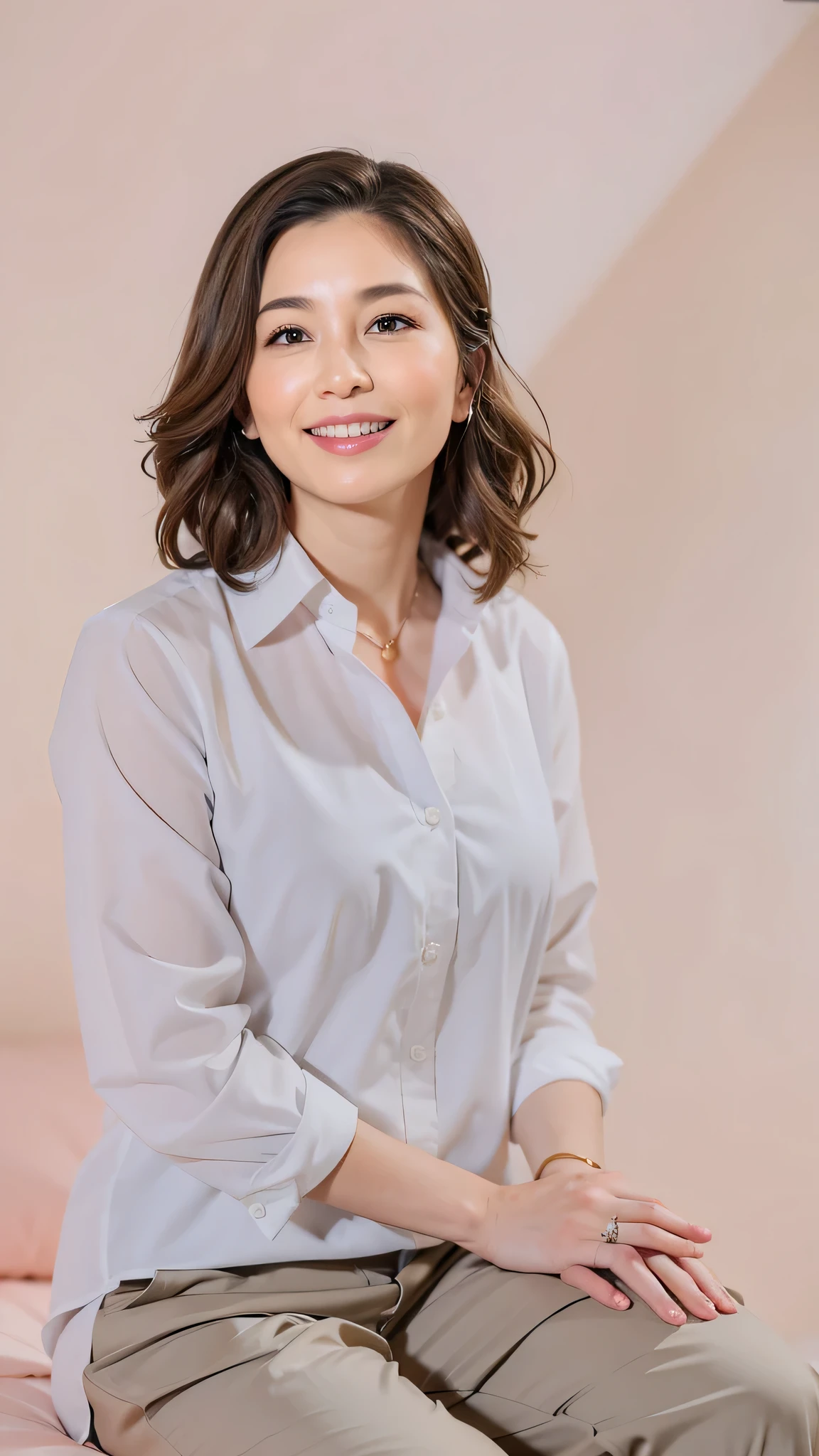 Tabletop, highest quality, Photorealistic, Super detailed, finely, High resolution, 8K Wallpaper, Professional, 8K Wallpaper, masterpiece, highest quality, fine skin details, Sharp focus, Cinematic lighting, clavicle, Soft lighting, (One woman), (35 year old sensual woman), ((Facing forward)), (Sit on the bed in an upright position), (((Look at the viewers))), Yellow Orange Silk Dress, Dark brown hair, Floating hair, Slender, attractive and large bust, Cleavage, Beautiful feet