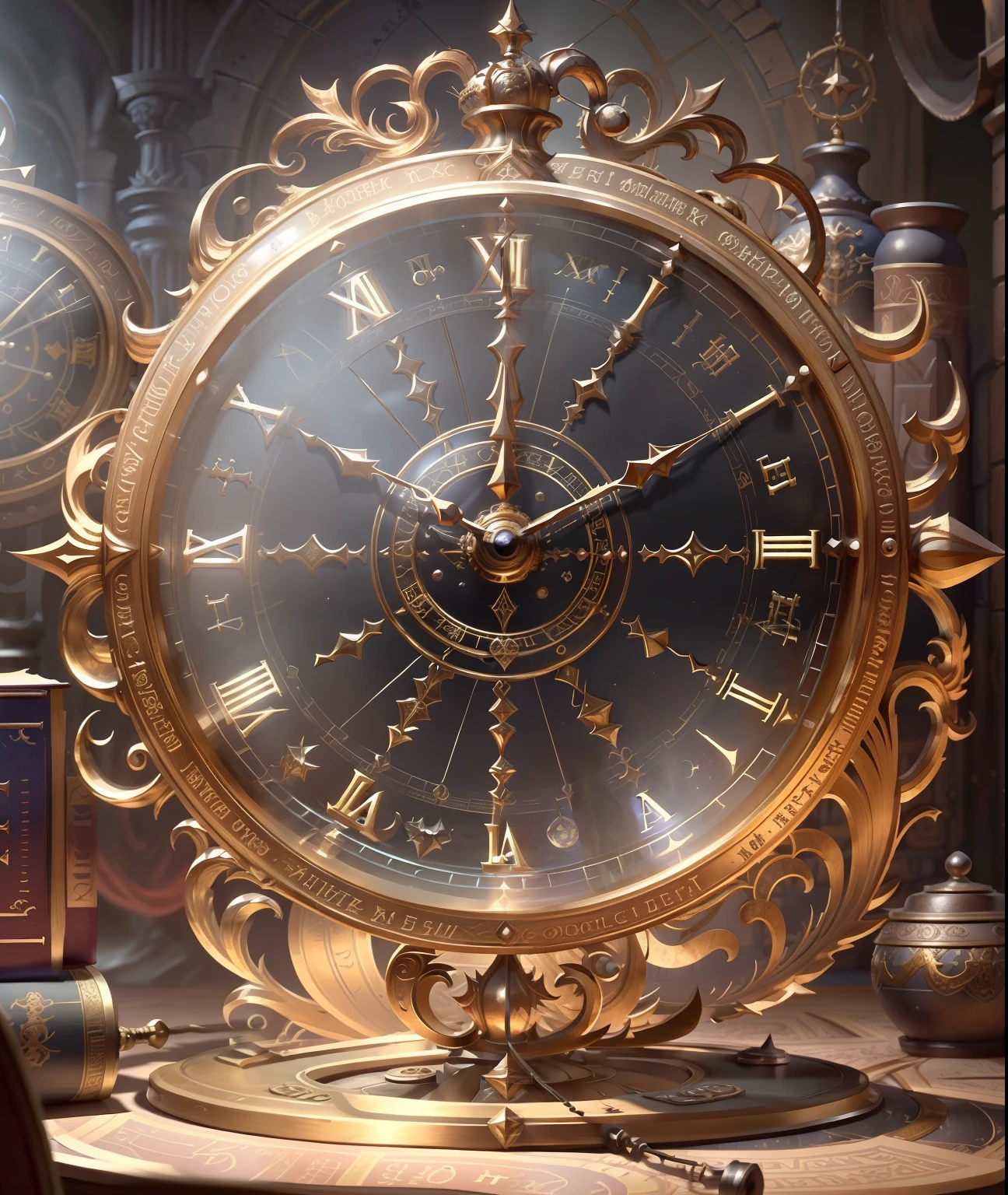 There is a clock and some books on the table, alchemist library background, Astrolabe, Stunning mystery background, 8K HD wallpaper JPEG artifact, 8K HD wallpaper JPEG artifact, Infinite Space Clock Background, Detailed key animation art, ball of time, Official artwork with high detail, Detailed game art, Detailed game art illustration,diablo concept art