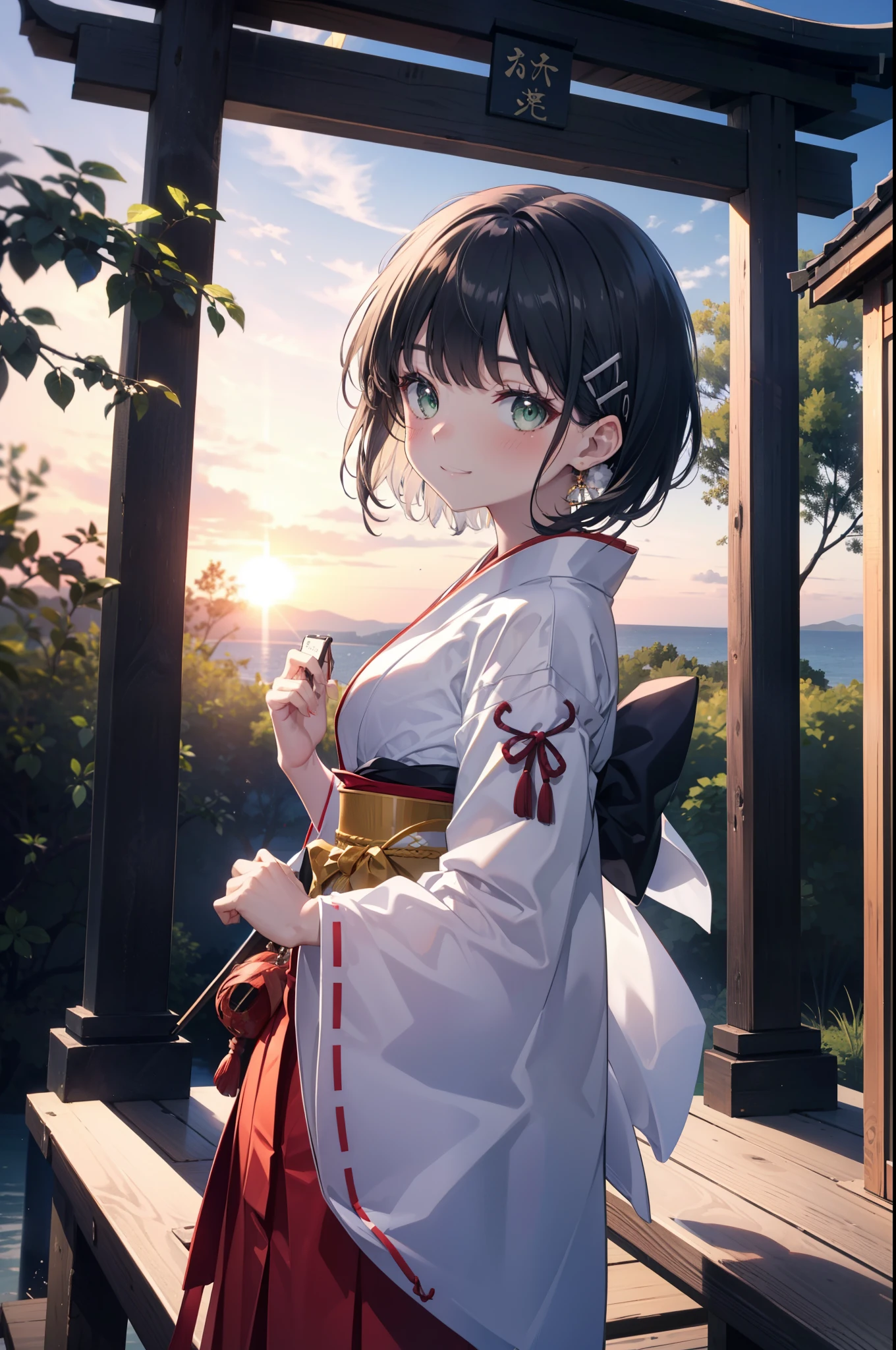 Suguhakirigaya, Suguhakirigaya, (Green Eyes:1.2), hair ornaments, Hair Clip, short hair,blush,smile, Black Hair,Platycodon grandiflorum,Miko, White Kimono, Large sleeves,red hakama,kimono, white foot bag,Zori sandals, Wide sleeves, Long sleeve, Ribbon-trimmed sleeves, evening,sunset,The sun is setting on the horizon,
break looking at viewer, (Cowboy Shot:1. 5)
break indoors,shrine,torii,coastal,
break (masterpiece:1.2), highest quality, High resolution, unity 8k wallpaper, (figure:0.8), (Beautiful fine details:1.6), Highly detailed face, Perfect lighting, Highly detailed CG, (Perfect hands, Perfect Anatomy),