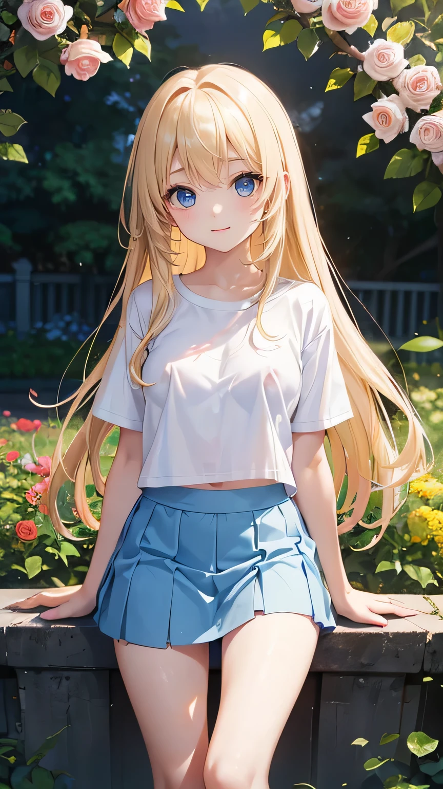 Very cute girl、(11 years old)、light yellow hair、Long Straight Hair、Bangs are too close to the eye、Light Blue Eye、(Normal human ear)、Thin arms、Beautiful body、Slim legs、large, well-shaped breasts,、clear white skin、smile、(Open-chested T-shirt、mini skirt、White and blue)、I know the shape of the nipples、(rose garden)、Ultra HD、Digital SLR、