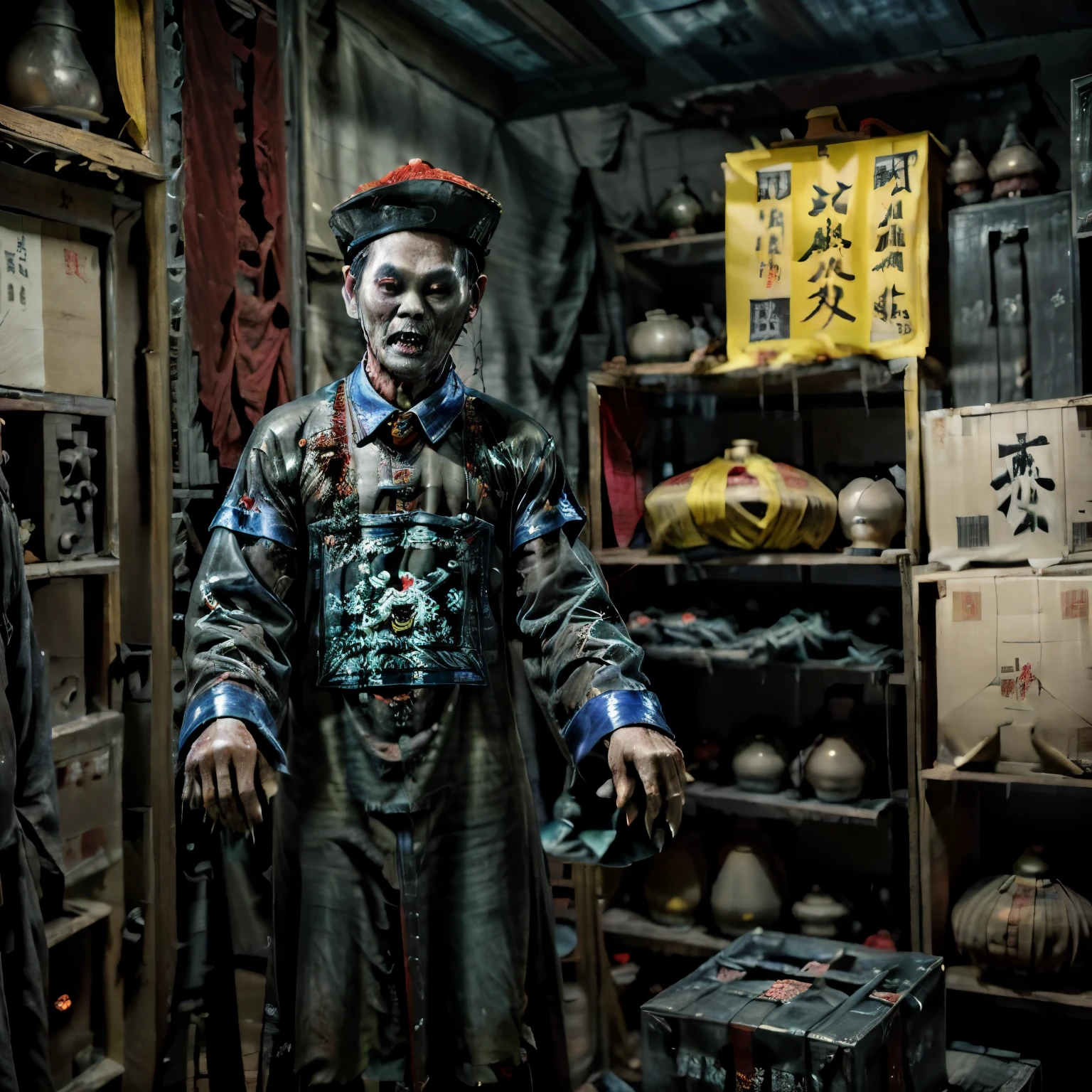 1950's Asia's movie prop room is filled with messy clothes and boxes, including a old terrifying Qing Dynasty zombie (faded and dusty) face like a great grandfather wears Zombies_hat, The dim lighting environment depicts the faint glow of the warehouse. (stills:1.5),((Practical))),((masterpiece), (best quality), 超high resolution, (original photo:1.2), (photoPractical:1.4), Excellent details, Dramatic Lighting, high resolution, 8k, ridiculous,Chinese building, Chinese tower, obsolete, (Chinese_Clear_Zombies:1.5),The color palette is dark and ominous, Create an atmosphere of fear. Asian horror 海报s and traditional Chinese aesthetics.