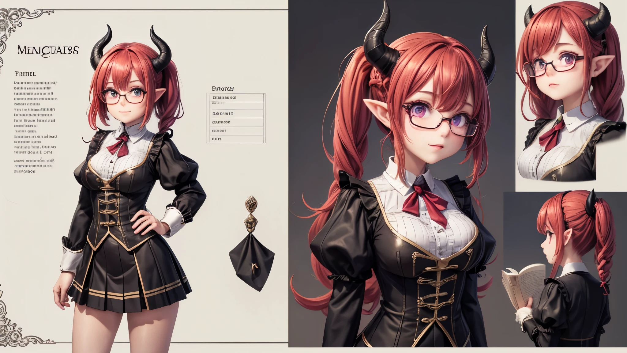(Masterpiece, best quality), detailed, character sheet, many items (the same person, medieval royal clothes, magic academy uniform, blouse, skirt, glasses, reading glasses, white boots, many parts), athletic, busty, demon, demon girl, detailed beautiful purple eyes, detailed face, pointy ears, red hair and white skin, braided ponytail, demon horns, full of details.