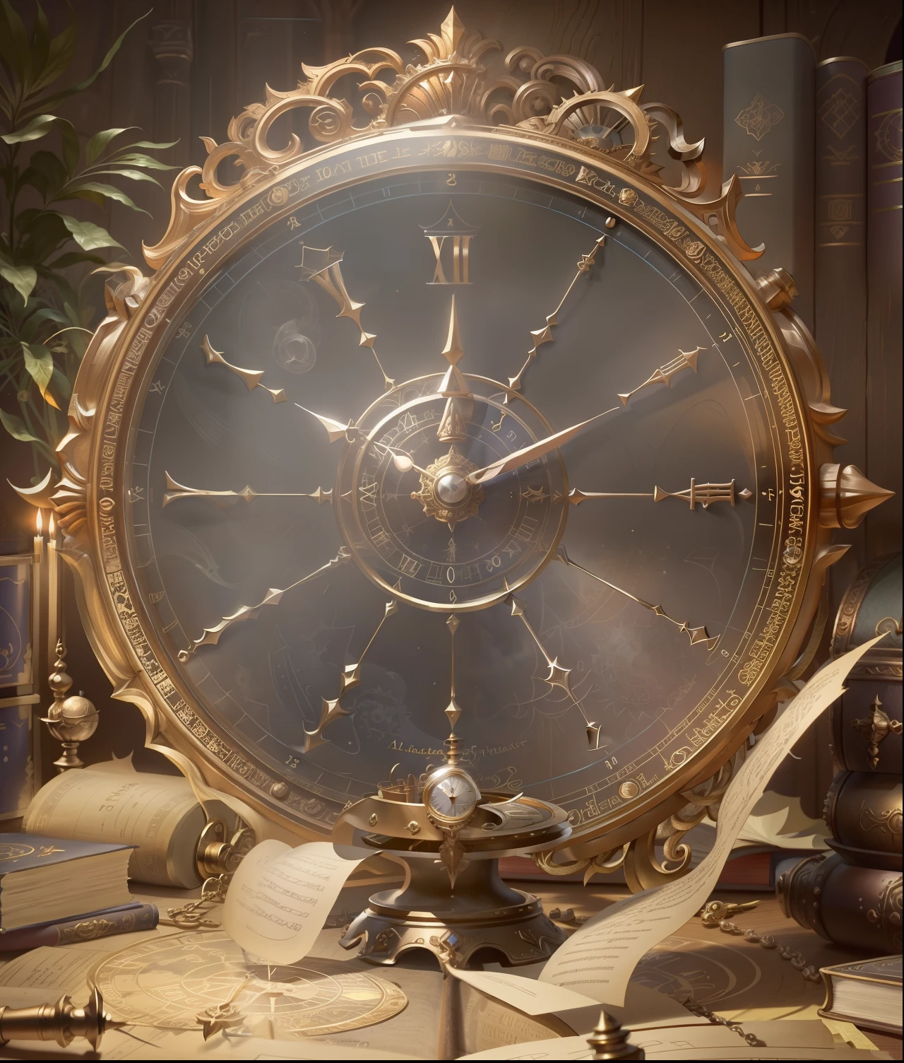 There is a clock and some books on the table, alchemist library background, Astrolabe, Stunning mystery background, 8K HD wallpaper JPEG artifact, 8K HD wallpaper JPEG artifact, Infinite Space Clock Background, Detailed key animation art, ball of time, Official artwork with high detail, Detailed game art, Detailed game art illustration