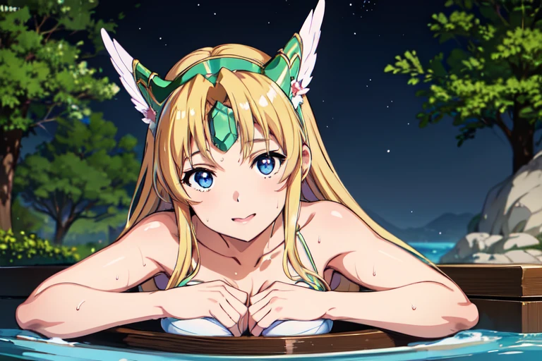 1girl, mount lady, boku no hero academia \\\\\ masterpiece, best quality, very aesthetic, absurdres, newest \\\\\\ sportive body,  \\\\\\ by dodok,  ///// blonde, purple eyes,  ,nude,naked, ,big tits, nice ass, onsen, outdoors, sunset, sun, steam, lying on stomach,horny smile