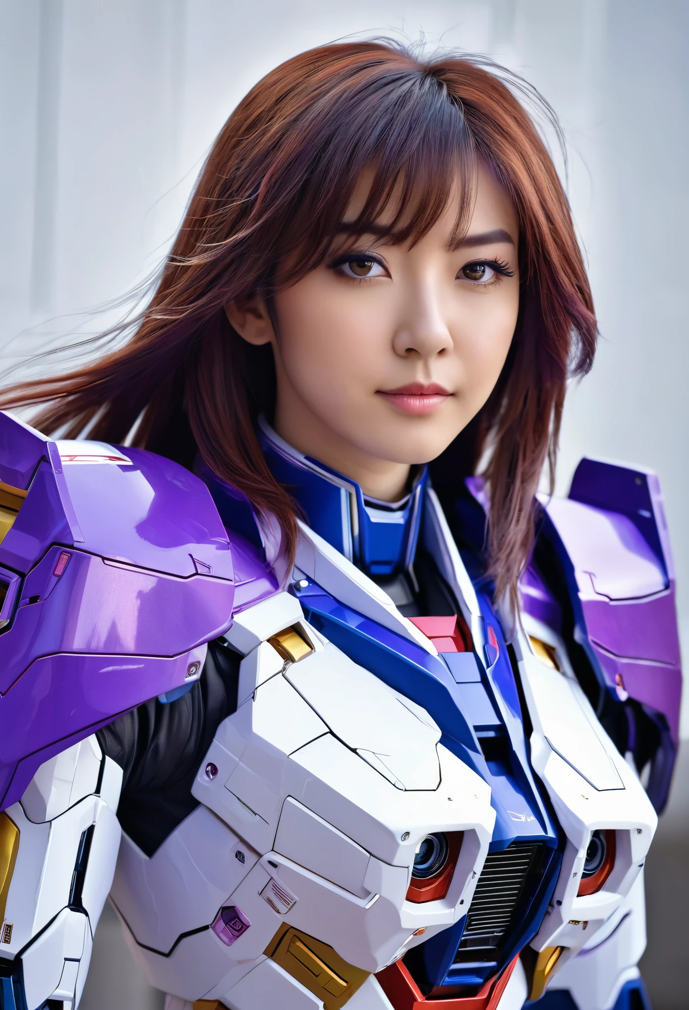 RAW, Masterpiece, Ultra Fine Photo,, Best Quality, Ultra High Resolution, Photorealistic, Sunlight, Full Body Portrait, Stunningly Beautiful,, Dynamic Poses, Delicate Face, Vibrant Eyes, a full body of a woman in a purple and white gundam custume, dybamic pose, long brown very very long hair rapunzel, girl in mecha cyber armor, portrait armored astronaut girl, d. va from overwatch, female mecha, on a gundam, gundam head, chiho aoshima color scheme, mobile suit, streamlined purple armor, fully robotic!! girl, realistic cosplay, gundam armor (dynamic pose) (best cameraview), full body, sit down, full body