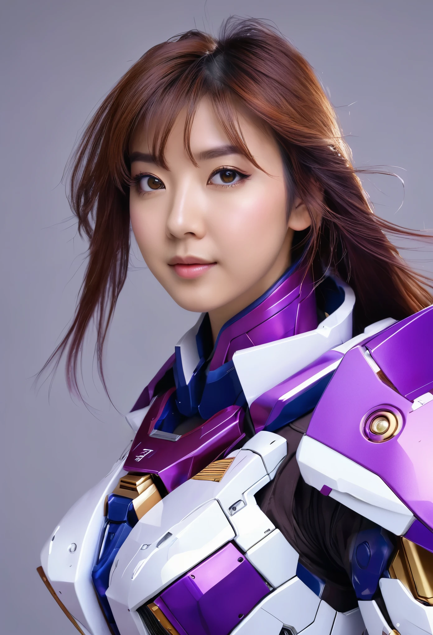 RAW, Masterpiece, Ultra Fine Photo,, Best Quality, Ultra High Resolution, Photorealistic, Sunlight, Full Body Portrait, Stunningly Beautiful,, Dynamic Poses, Delicate Face, Vibrant Eyes, a full body of a woman in a purple and white gundam custume, dybamic pose, very long brown very very long hair rapunzel very silky, girl in mecha cyber armor, portrait armored astronaut girl, d. va from overwatch, female mecha, on a gundam, gundam head, chiho aoshima color scheme, mobile suit, streamlined purple armor, fully robotic!! girl, realistic cosplay, gundam armor (dynamic pose) (best cameraview), full body, sit down, full body