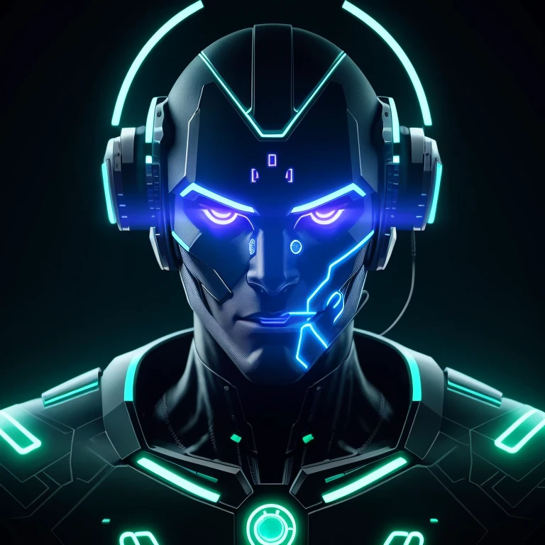 Image of a cyborg, half robot, half human with robotic part on his face. Futuristic neon background with written code