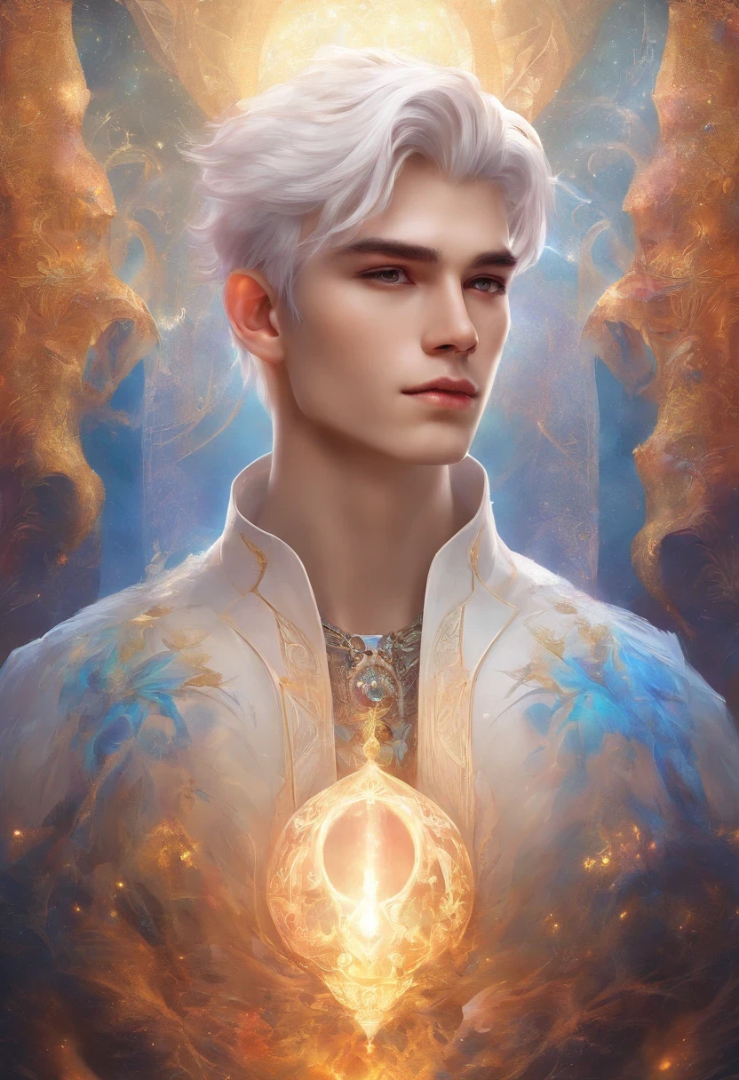 Young people, 20-year-old, Gray Hair, two block hairstyle , Upper body naked, Wearing a black fur coat , real pictures, reality skin, Detailed skin, Glowing Eyes, Biomechanical, Creepy, Spooky, Nightmare, Very bright color, Particles of light, The light shines, Musif, wallpaper art, UHD Wallpaper