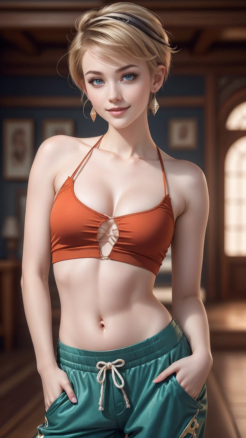 ((最high quality, 8K, masterpiece: 1.3, Ultra HD, high quality, 最high quality, High resolution, realism)) 、25-year-old Caucasian female、blue eyes、long hair、smile、slender、slenderだがアスリートのような細マッチョ、I want my head to stay off screen、Wear accessories on your wrist、Wearing red nail polish、I have a peticure、aerial perspective((atmospheric perspective))、smile((smiley))、background blur((depth of field)、crystal earrings((crystal earrings))、Dark Blonde、Pixie Cut Hair((pixie cut))、Front cutout((front cutout))Wear a top from、Aladdin Pants((aladdin pants))Wear、My abs have a six-pack、I can see the belly button、Mules((mule))Wear