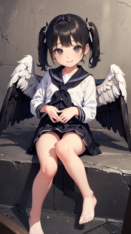 ((masterpiece)),((highest quality)),((Anatomical)),((Realistic)),((Detailed Description)),((cute)),((女の子のcute部屋)),(((fallen Angel))),((Beautiful eyes)),((Baby Face)),((Petite)),((Bewitching Smile)),((Jet-black wings)),((Sailor suit)),((skirt)),