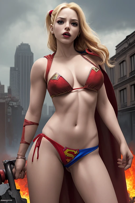 Obra maestra hiperrealista, 2 chicas rubias hermosas, Super sexy supergirl with a classic blue and red hero bikini with the Superman logo fighting Harley Quinn dressed only in underwear, sus panties son color rojo y su brasier color blanco, sus miradas son penetrantes, dramatic, mucha sangre, I can see his buttocks and his genitals, You can see her breasts because her clothes are torn, semidesnudas, heridas, the scene is terrifying, destroyed gothic city background, burning vehicles, gente horrorizada. 