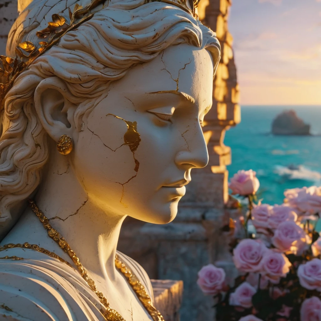 Sunset Epic look on atlantis ancient city ruins white stone close look beautiful white old cracks stone statue whit little bit of gold cracks on face of woman god statue roses around we see ocean from distance l Ultra-realistic, artistic, cinematic lighting, smooth details, masterpiece, perfect perspectiv, extremely finely drawn, high quality depth map, (Cold light source:1.2), Lonely, voluminous lighting, BREAK (tmasterpiece:1.2), (beste-Qualit), 4k, Ultra-detailed, (Dynamic composition: 1.4), Detailed, colorful details, (glowing color scheme: 1.2), (Glowing Lighting, Ambiance Lighting), dreamy, fantasy , (solo: 1.2)