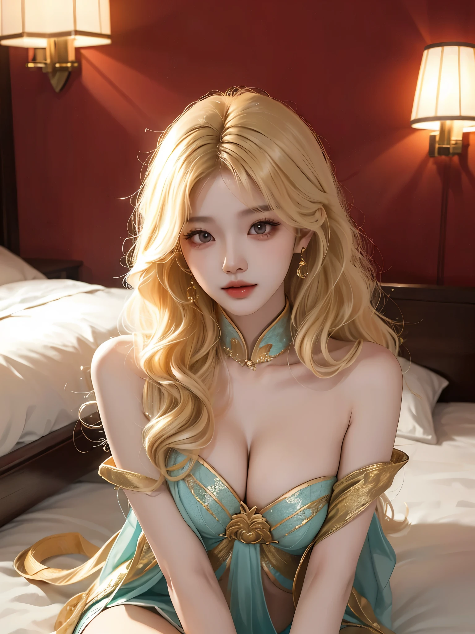 ((Yushuxin,1 Girl,Solitary)), Warm colors, Ambient Light, 4K, masterpiece, high resolution, ridiculous, Bare shoulders, Sexy long legs, Kneel on the bed, Strike a pose, blonde wavy hair, lust, eyes, Shy, Tempting, Sexy pose, Big breasts, Very detailed face