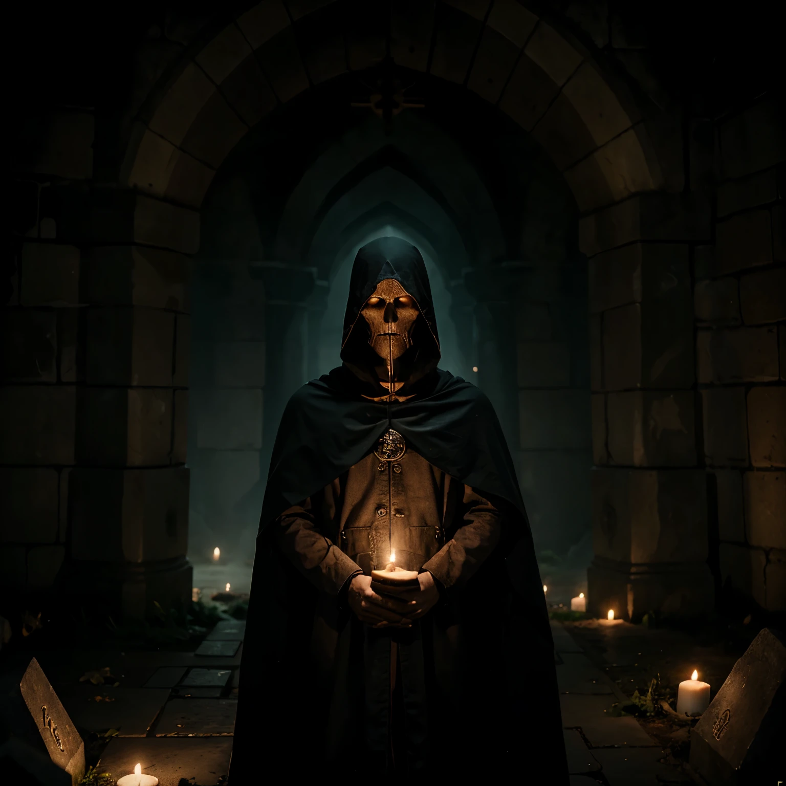 Please make me picture of gravekeeper with cloak and many tomb near him