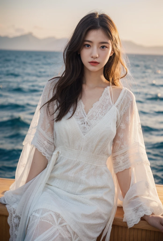 An araffe woman in white dress sitting on a boat in the ocean, a beautiful woman in white, skinny girl in white boho dress, white lace clothing, white hanfu, white lace, dressed in white intricate lace, korean women's fashion model, heonhwa choe, beautiful south korean woman, bae suzy, jaeyeon nam, ethereal and dreamy.
Masterpiece, ultra detailed, realistic, photo realistic, high detail RAW color photo, professional photograph, extremely detailed, finely detail, lens flare, Dynamic lighting, 8K, RAW Photo, Best High Quality, Masterpiece: 1.2, Ultra HD: 1, High Detail RAW Color Photo, Pro Photo, Realistic, Photo Realistic: 1.5, Live Photo, Super detailed, Masterpiece, Real Skin, Realistic Skin, Realistic HD Eyes, Highly detailed Eyes, Perfect Eyes, Perfect face, Perfect fingers, extremely detailed face, extremely detailed eyes, extremely detailed skin, perfect anatomy.