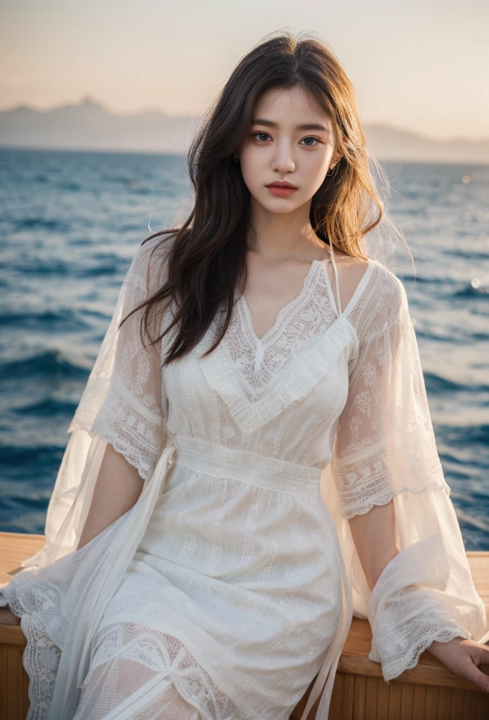 An araffe woman in white dress sitting on a boat in the ocean, a beautiful woman in white, skinny girl in white boho dress, white lace clothing, white hanfu, white lace, dressed in white intricate lace, korean women's fashion model, heonhwa choe, beautiful south korean woman, bae suzy, jaeyeon nam, ethereal and dreamy.
Masterpiece, ultra detailed, realistic, photo realistic, high detail RAW color photo, professional photograph, extremely detailed, finely detail, lens flare, Dynamic lighting, 8K, RAW Photo, Best High Quality, Masterpiece: 1.2, Ultra HD: 1, High Detail RAW Color Photo, Pro Photo, Realistic, Photo Realistic: 1.5, Live Photo, Super detailed, Masterpiece, Real Skin, Realistic Skin, Realistic HD Eyes, Highly detailed Eyes, Perfect Eyes, Perfect face, Perfect fingers, extremely detailed face, extremely detailed eyes, extremely detailed skin, perfect anatomy.
