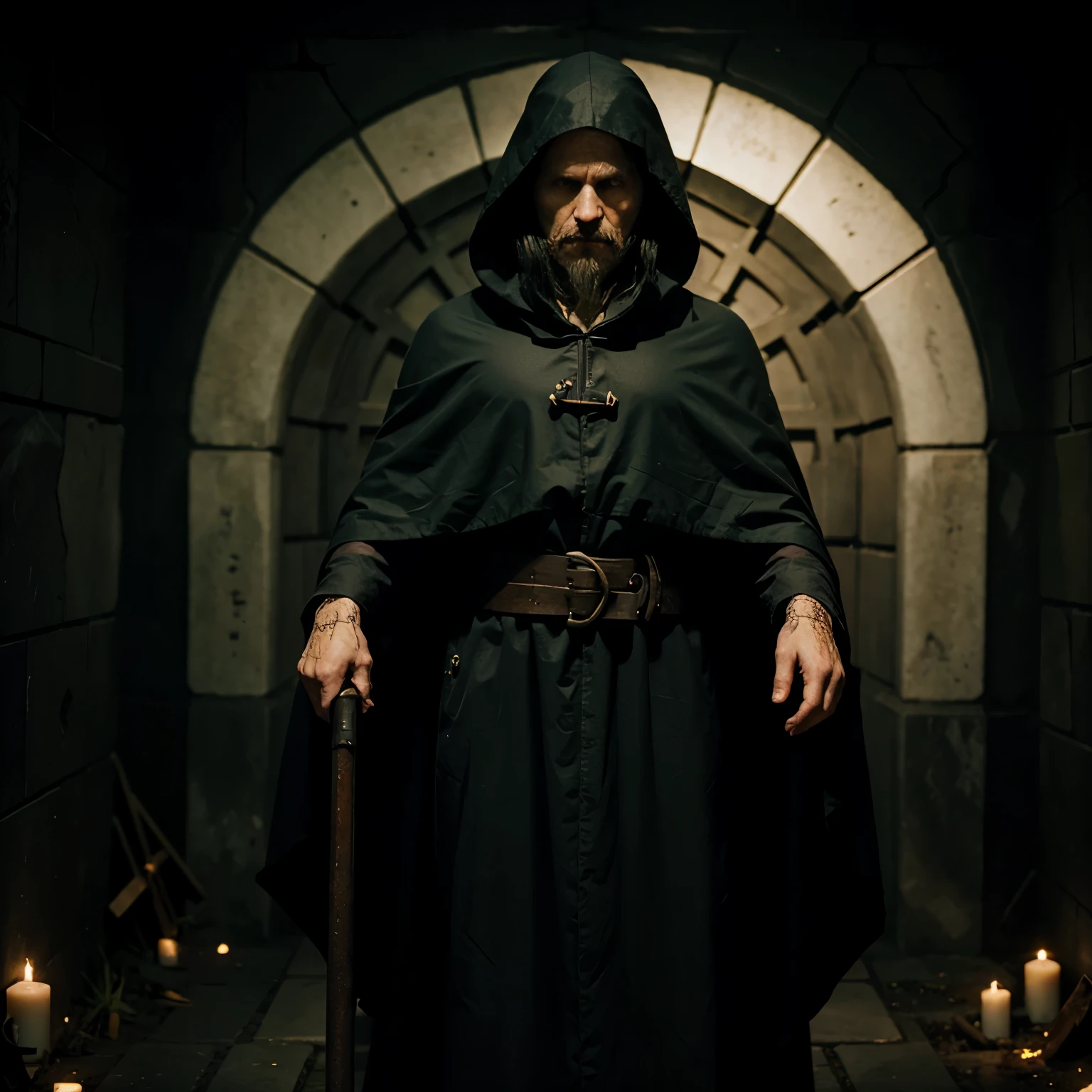 Please make me picture of gravekeeper with cloak and many tomb near him