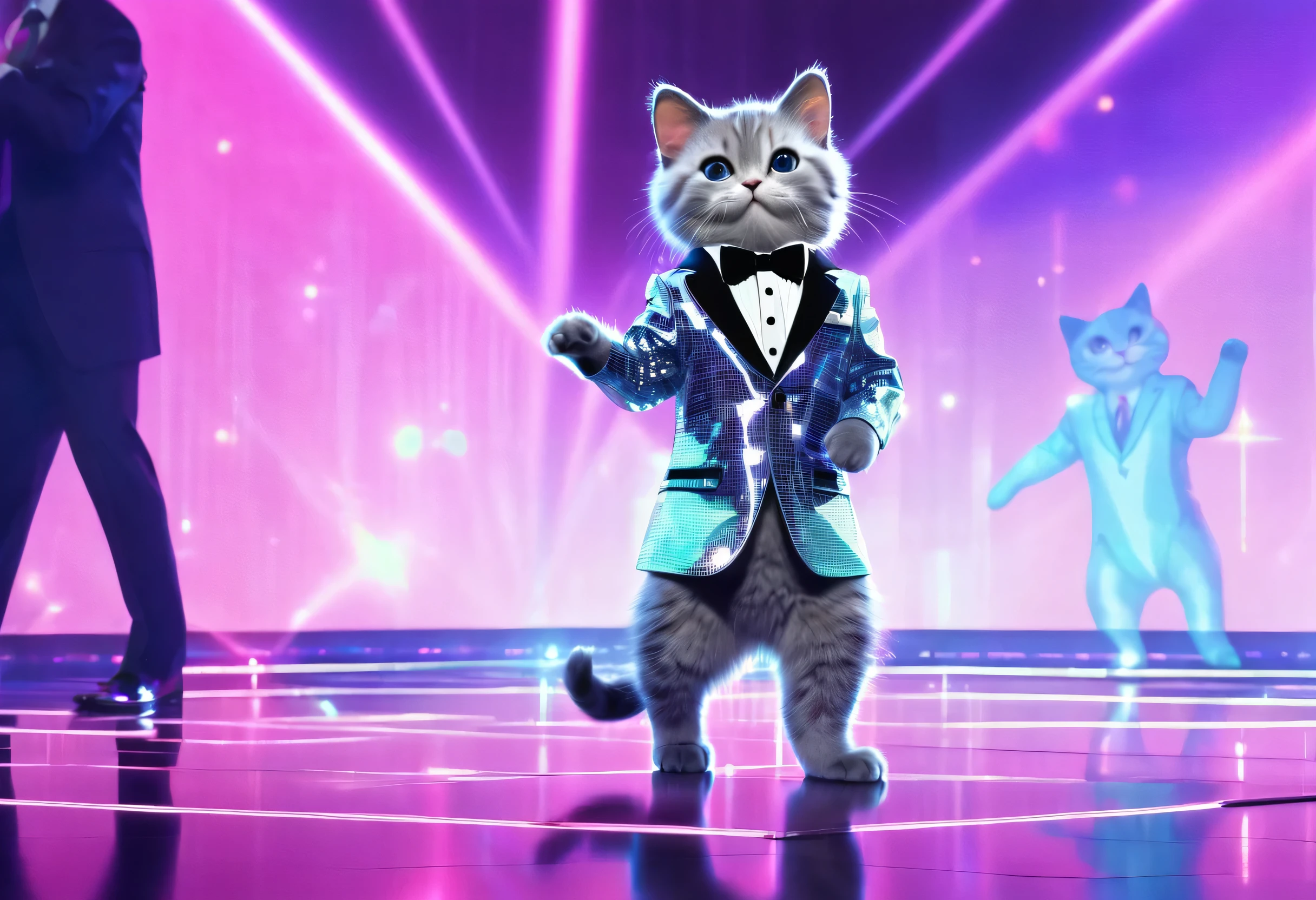 A cat in a suit and tie is standing on stage, Hologram by Tadashi Nakayama, Trending on Tumblr, Happenings, he is dancing, Wearing a disco suit, looks like someone is dancing, He is wearing a suit, ๐ as ๐ as ๐ค as ๐ฝ as ๐ณ, holographic suit, World Boss Kitten, dancing in the background
