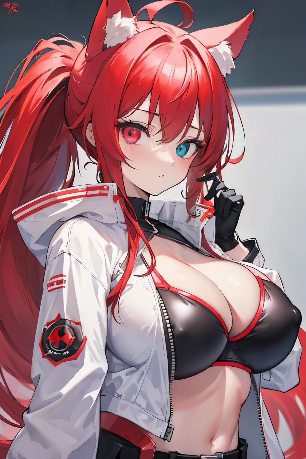 (masterpiece, best quality:1.2) best quality, masterpiece, highres, focus, anime style, a closeup of a cartoon of a woman, girl design, portrait, giesha, anime image, long hair, red hair, heterochromia eyes, hair covering ears, cat ears, horny and shy look, super tight bikini top bra ,pink gloves, jacket, white windbreaker jacket with red lines, black belt around waist, round thick giant breasts, ((huge breasts)), ((large breasts)) ,engineer, engineer tools, erect nipples, mechanic, tools, tools in hand, black tighs, wrench , wrench in hand, toolbox