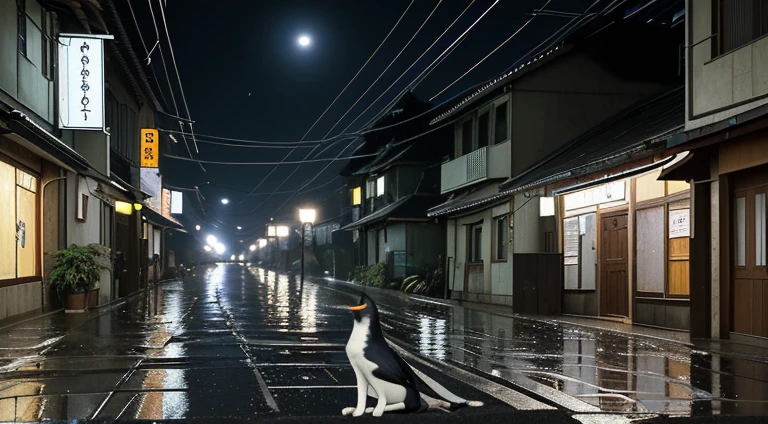 The dim street lights can&#39;t illuminate the whole street，It rained all night，A stray cat huddled up on the street corner，Crows line up densely under the eaves