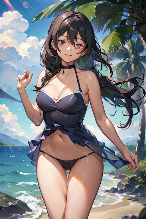 hanekawatsubasa, hanekawa tsubasa,(smile),(with sparkling eyes and a contagious smile),her pink panty pulled by self,a , long hair, black hair, hair ornament, (brown eyes:1.1), braid, hairclip, twin braids, glasses, pink bikini, outdoors, beach, looking at viewer, (masterpiece:1.2), best quality, high resolution, unity 8k wallpaper, (illustration:0.8), (beautiful detailed eyes:1.2), extremely detailed face, perfect lighting, extremely detailed CG, (perfect hands, perfect anatomy),