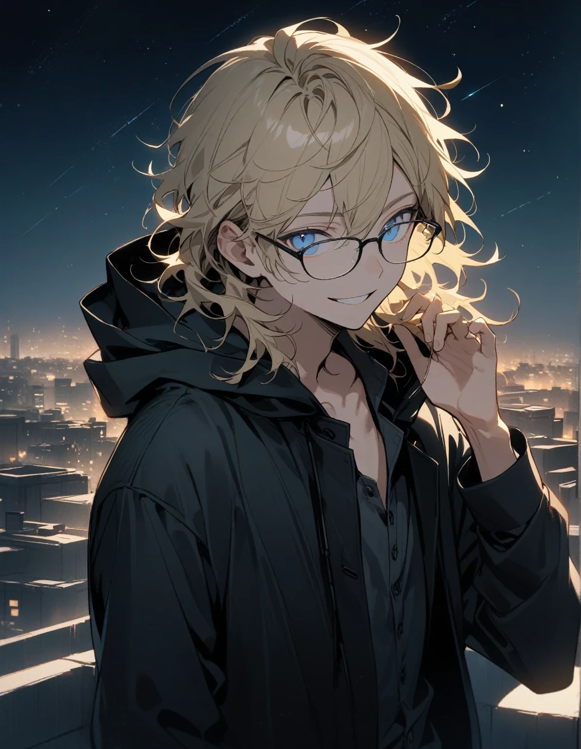 1 guy, looks at the viewer, blue eyes, blond hair, short disheveled hair, wears glasses, upper body, stands on the roof of a building, high, night, sky is strewn with stars, dark, wind, dressed in a black button-down shirt and a black jacket unbuttoned with a hood and black trousers, smile, gentle tones,