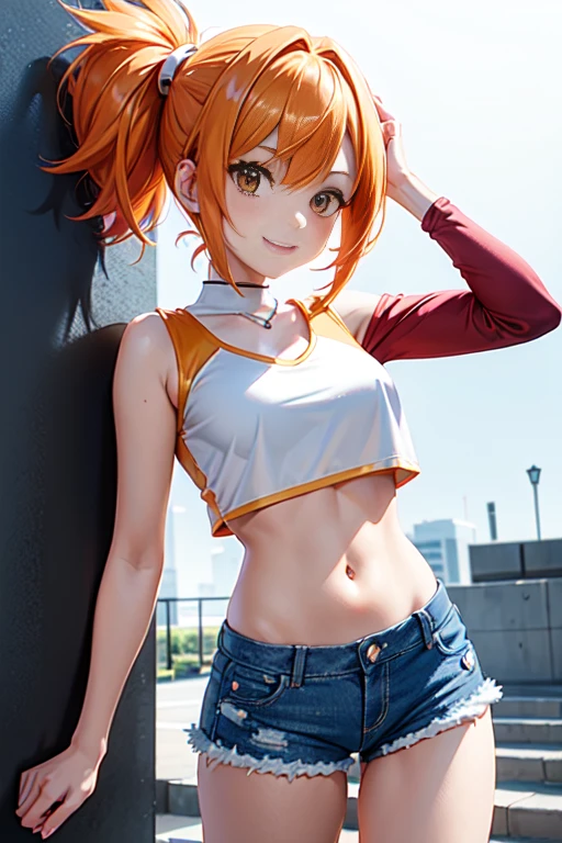 professional anime, anime :pokemon, anime style: OLM.Inc., Masterpiece, best quality, high resolution, 1 woman only, Fog (pokemon), orange hair, alone, shorts, strap, side ponytail, orange hair, abdomen, yellow crop top, navel, short hair, Denim, jean shorts, smile, cowboy shoot, stand, pace_Login, outdoor, 90% bare, Skin-tight outfit, Flashy outfit,