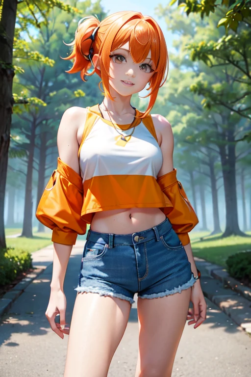 professional anime, anime :pokemon, anime style: OLM.Inc., Masterpiece, best quality, high resolution, 1 woman only, Fog (pokemon), orange hair, alone, shorts, strap, side ponytail, orange hair, abdomen, yellow crop top, navel, short hair, Denim, jean shorts, smile, cowboy shoot, stand, pace_Login, outdoor, 90% bare, Skin-tight outfit, Flashy outfit,