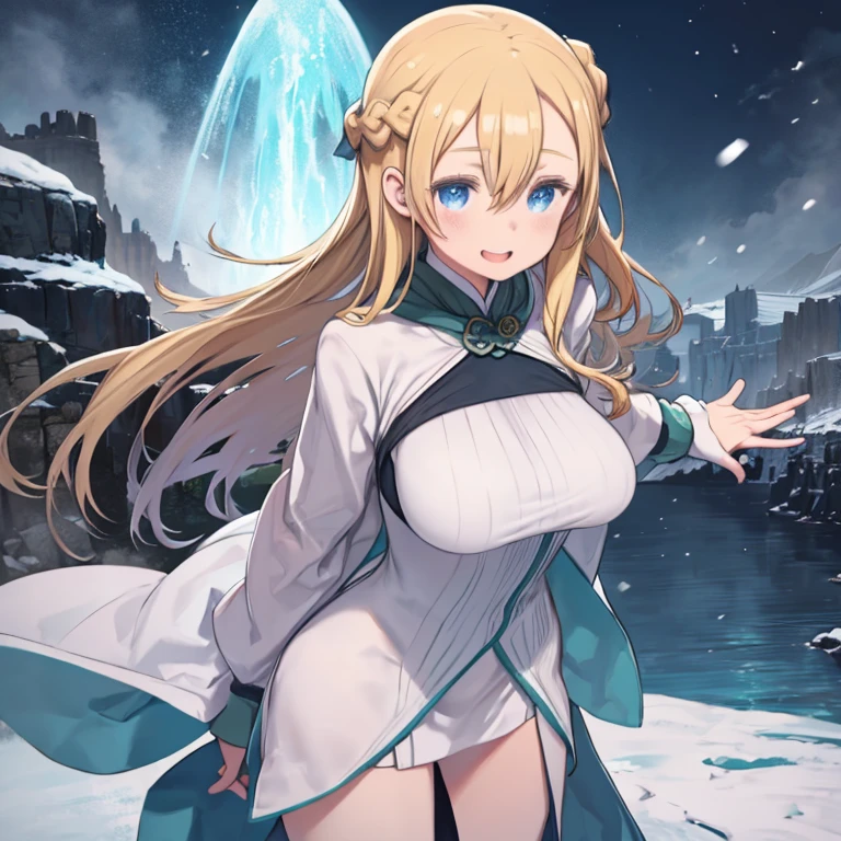 masterpiece, highest quality、Medium wide shot、Cowboy Shot、(mint, blue eyes, braid、Long blonde、Hair between the eyes)、Big Breasts、Huge breasts、winter、Snow Scene、Silver World、winterの服装、coat、Scarf、White Breath、Watching the audience、((laughing))、green clothes、outside、屋outside、It's snowing、Fantasy、Frozen river、hands outstretched、