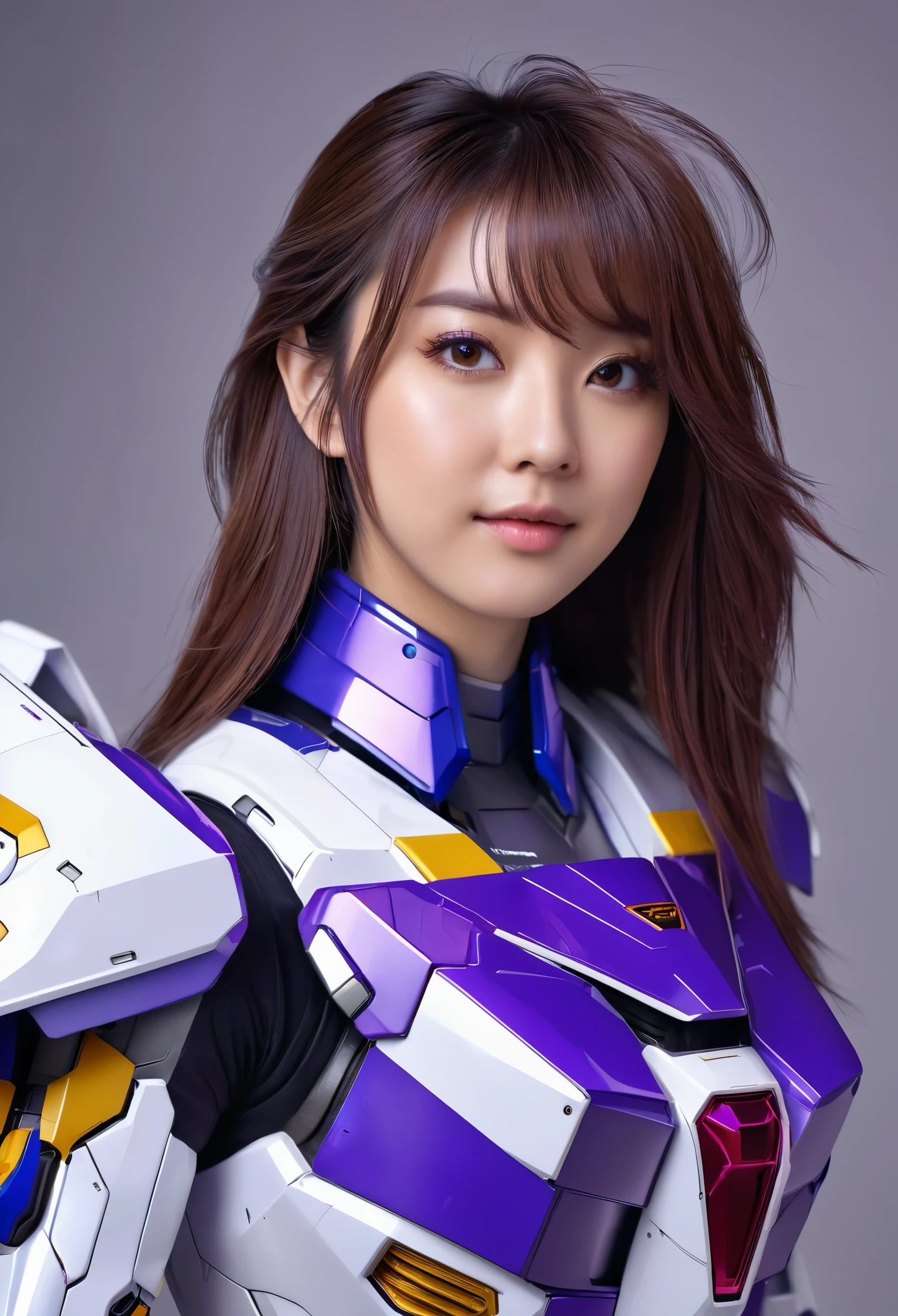 RAW, Masterpiece, Ultra Fine Photo,, Best Quality, Ultra High Resolution, Photorealistic, Sunlight, Full Body Portrait, Stunningly Beautiful,, Dynamic Poses, Delicate Face, Vibrant Eyes, a full body of a woman in a purple and white gundam custume, dybamic pose, very long brown very very long hair rapunzel very silky, girl in mecha cyber armor, portrait armored astronaut girl, d. va from overwatch, female mecha, on a gundam, gundam head, chiho aoshima color scheme, mobile suit, streamlined purple armor, fully robotic!! girl, realistic cosplay, gundam armor (dynamic pose) (best cameraview), full body, sit down, full body