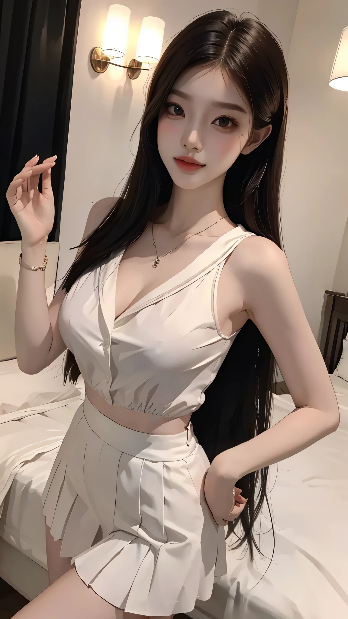 jk_lure_dress3, ((Yushuxin,1 Girl,Solitary)), Warm colors, atmosphere, 4K, masterpiece, high resolution, ridiculous, Bare shoulders, Sexy long legs, on the bed, Strike a pose, brown wavy hair, lust, eyes, Shy, Tempting, Sexy pose, Big breasts, Very detailed face, Light and delicate makeup, Charm and sophistication, Attractive posture, beauty, grace, lifelike, Very detailed, amazing, beauty的, Young and energetic, Charming model