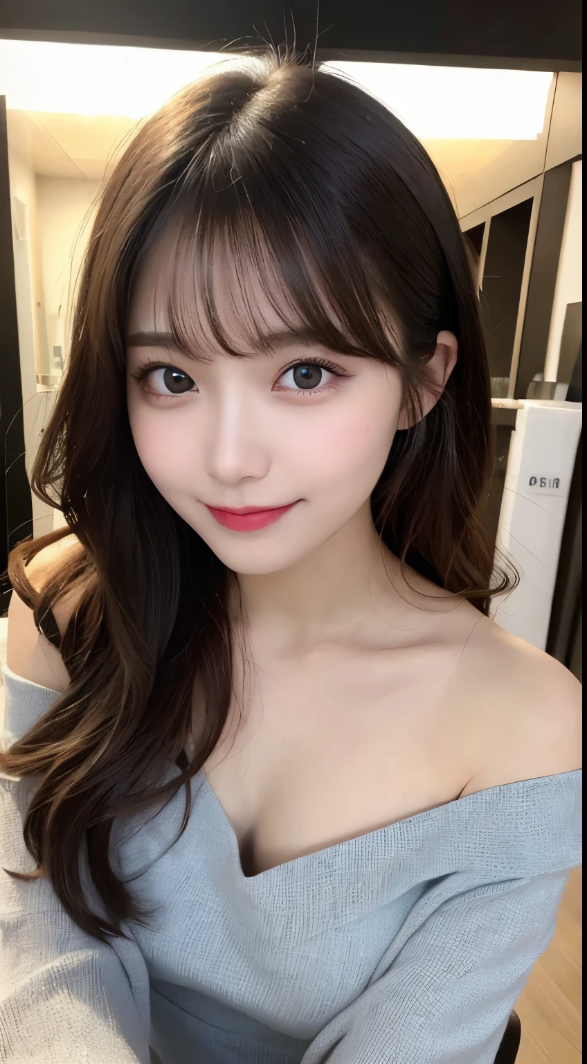 Tabletop, highest quality, shape, Very detailed, finely, High resolution, 8k wallpaper, 完璧なダイナミックな構shape, Beautiful and detailed, Small breasts, Natural color lip, Random sexy poses,smile、20-year-old girl、Midnight、Beautiful and dense face、Perfect and beautiful face,Big eyes、Actual photo(Best image quality),off shoulder dress(Long sleeve blouse)、looking at the camera、Please stand、Putting on gal makeup、blurred background