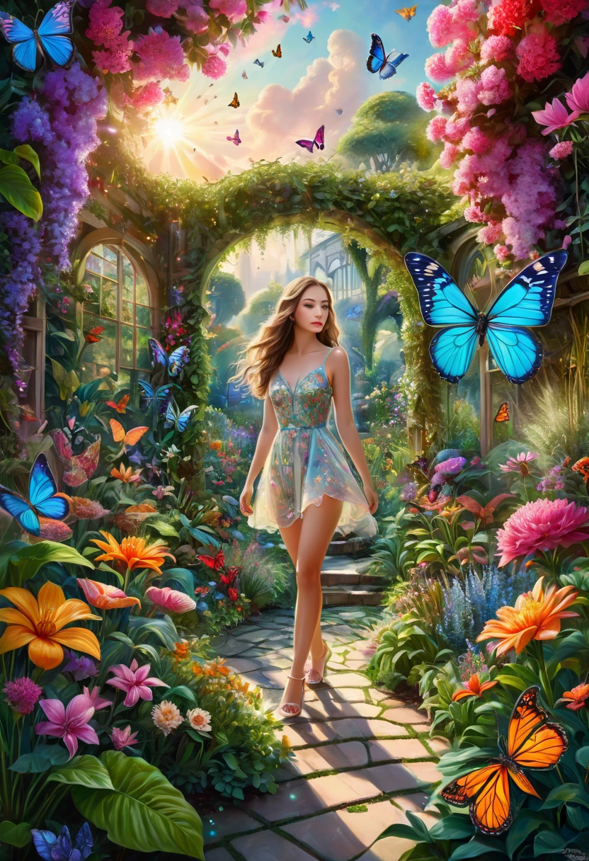 a girl in a surreal and intricate garden of infinite possibilities, lost in a chaotic and unpredictable world, surrounded by vibrant and mesmerizing colors. The garden is filled with unique and peculiar plants and creatures, creating a sense of wonder and curiosity. 
The girl has deep and expressive eyes that are beautifully detailed, capturing the essence of her emotions and thoughts. Her lips are also beautifully detailed, reflecting her innermost desires and dreams. She has an aura of mystery and intrigue, drawing people towards her. Her face is extremely detailed, with long eyelashes that add to her captivating presence.

The garden is made with the highest level of craftsmanship, resembling a masterpiece of art. It combines various mediums such as illustrations, oil paintings, and 3D renderings, creating a visually stunning and immersive experience.

Every corner of the garden is filled with ultra-detailed elements, from the intricate textures on the petals of flowers to the fine details on the wings of butterflies. The level of detail is so high that it feels almost realistic and photorealistic. The colors are vivid and vibrant, with neon highlights that add a touch of excitement and futuristic aesthetics.

As the girl wanders through the garden, she is surrounded by an epic and complex landscape. The sky is filled with an abundance of stars, creating an ethereal and dream-like atmosphere. The transition between day and night is captured in the end of the sunset, where the colors blend harmoniously, creating a sense of tranquility and serenity.
This ultra HD artwork is a true masterpiece, capturing the essence of the girl's journey through the garden of random wonders. It is a visual representation of the infinite possibilities that lie within our dreams and the beauty that can be found in the most unexpected places.