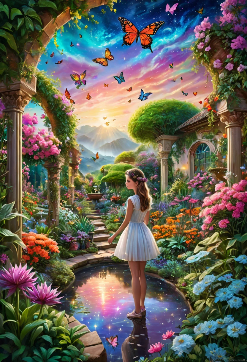 a girl in a surreal and intricate garden of infinite possibilities, lost in a chaotic and unpredictable world, surrounded by vibrant and mesmerizing colors. The garden is filled with unique and peculiar plants and creatures, creating a sense of wonder and curiosity. 
The girl has deep and expressive eyes that are beautifully detailed, capturing the essence of her emotions and thoughts. Her lips are also beautifully detailed, reflecting her innermost desires and dreams. She has an aura of mystery and intrigue, drawing people towards her. Her face is extremely detailed, with long eyelashes that add to her captivating presence.

The garden is made with the highest level of craftsmanship, resembling a masterpiece of art. It combines various mediums such as illustrations, oil paintings, and 3D renderings, creating a visually stunning and immersive experience.

Every corner of the garden is filled with ultra-detailed elements, from the intricate textures on the petals of flowers to the fine details on the wings of butterflies. The level of detail is so high that it feels almost realistic and photorealistic. The colors are vivid and vibrant, with neon highlights that add a touch of excitement and futuristic aesthetics.

As the girl wanders through the garden, she is surrounded by an epic and complex landscape. The sky is filled with an abundance of stars, creating an ethereal and dream-like atmosphere. The transition between day and night is captured in the end of the sunset, where the colors blend harmoniously, creating a sense of tranquility and serenity.
This ultra HD artwork is a true masterpiece, capturing the essence of the girl's journey through the garden of random wonders. It is a visual representation of the infinite possibilities that lie within our dreams and the beauty that can be found in the most unexpected places.