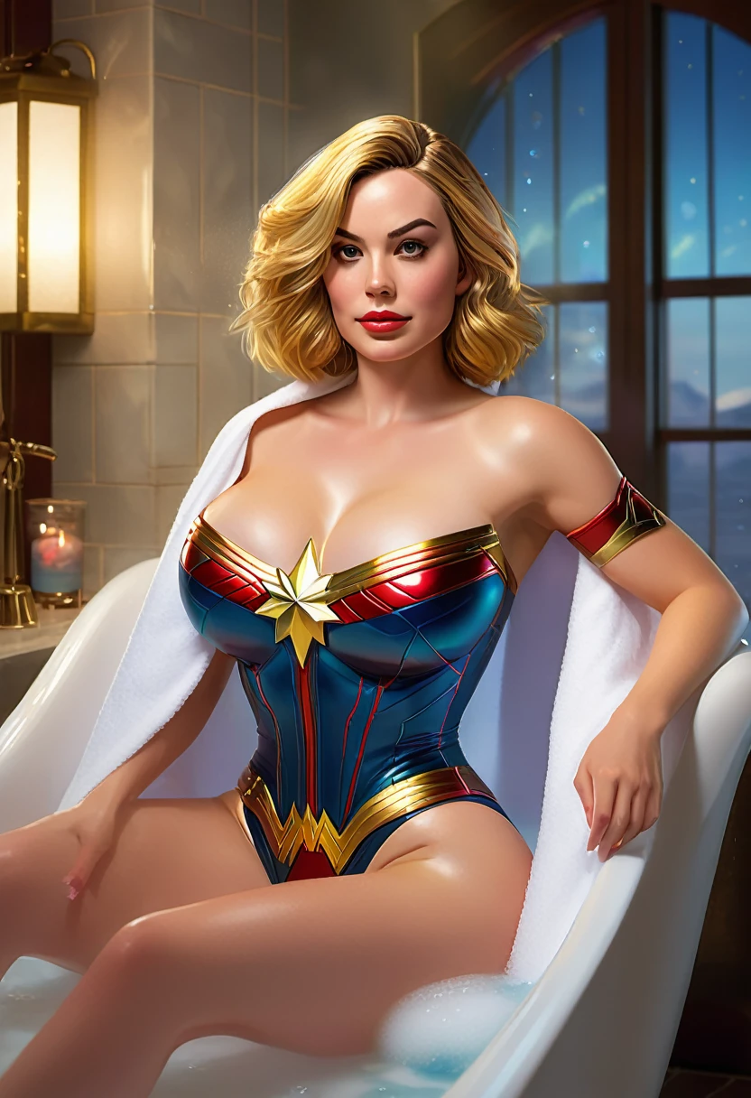 Captain Marvel, bubble bath, relaxing, uniform, draped, chair, detailed eyes, detailed lips, girl, bath foam, soothing music, candles, luxurious, sparkling water, steam, comfort, soft towel, peaceful atmosphere, superhero, tired, relaxation, calm, rejuvenating, serene, perfect temperature, steam rising, indulgence, bubbles, exquisite, tranquil, tranquility, refreshing, glowing skin, beautiful, deep relaxation, unwind, peaceful energy, pampering, self-care, escape, stress relief, rejuvenation, sparkling clean, invigorating, Blissful, divine. (best quality, highres, ultra-detailed), (photorealistic:1.37), professional, vibrant colors, dreamy lighting