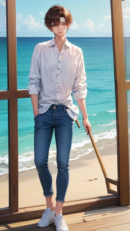 He has a relaxed style with slightly tousled hair, wearing comfortable clothes like a collared shirt and jeans. His brown hair falls casually, and he stands at the standard height of 167 cm. He's male, with eyes the color of the sea, a vibrant blue.