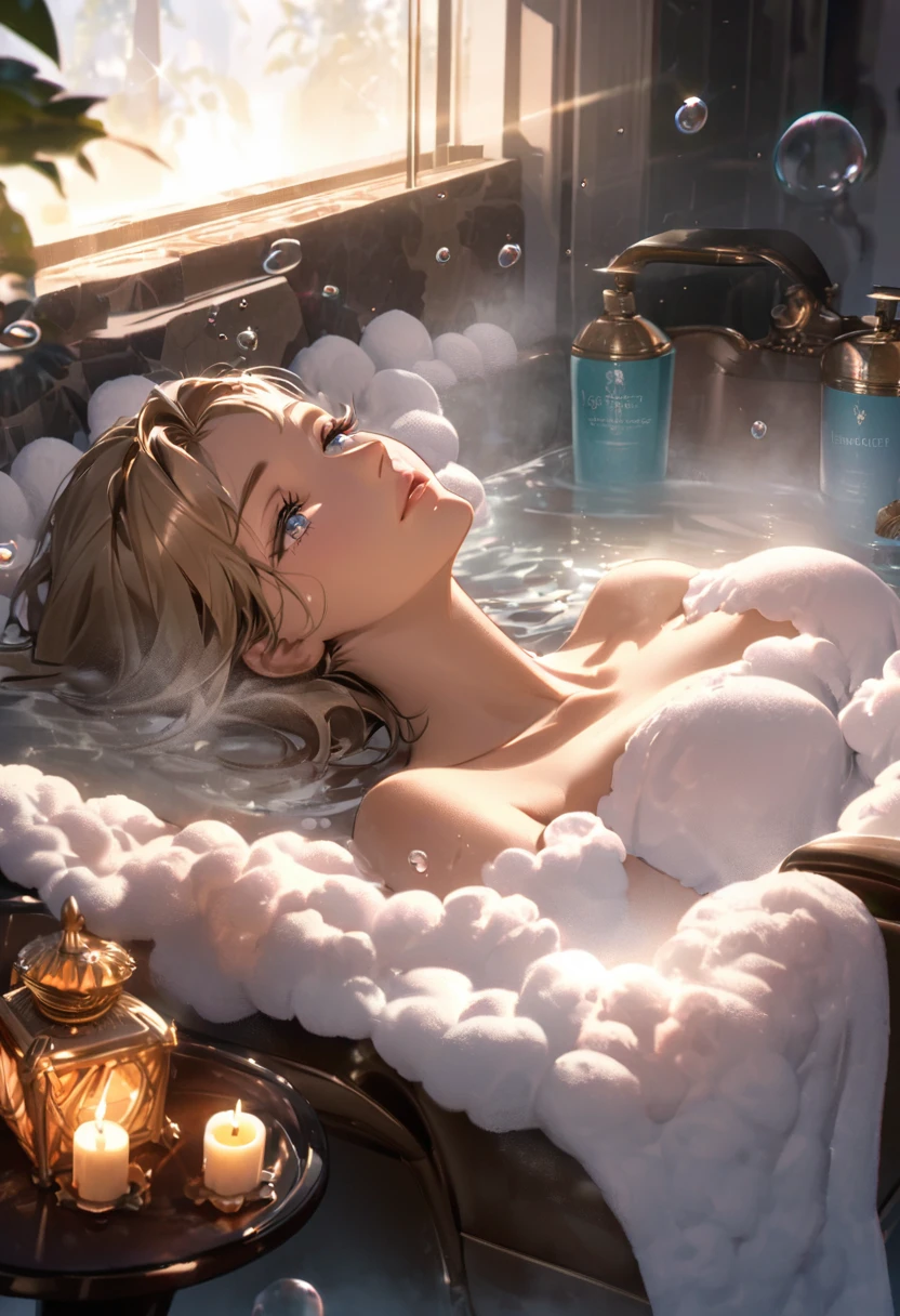absurderes, (独奏:1.5,)ultra-detailliert,bright colour, extremely beautiful detailed anime face and eyes, view straight on, ;D, shiny_skin,25 years old, Short hair, , asymmetrical bangs, Blonde hair with short twin tails, Shiny hair, Delicate beautiful face, red blush、(Blue eyes), White skin, hair clips, earrings, Bubble bath、(Soaking in the bath:1.2)、(Luxurious bathroom:1.3)、(Luxurious bathroom:1.5)、(Large bathroom:1.3)、Large bathtub、(chandeliers:1.3)、Gold decoration、(foam:1.8)、(huge window:1.3)、(Lots of bubbles:1.6)