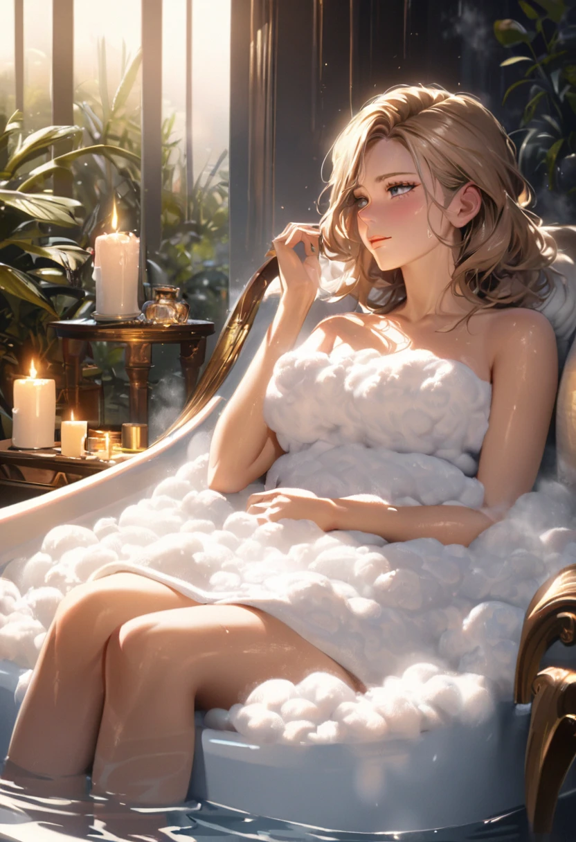 Captain Marvel, bubble bath, relaxing, uniform, draped, chair, detailed eyes, detailed lips, girl, bath foam, soothing music, candles, luxurious, sparkling water, steam, comfort, soft towel, peaceful atmosphere, superhero, tired, relaxation, calm, rejuvenating, serene, perfect temperature, steam rising, indulgence, bubbles, exquisite, tranquil, tranquility, refreshing, glowing skin, beautiful, deep relaxation, unwind, peaceful energy, pampering, self-care, escape, stress relief, rejuvenation, sparkling clean, invigorating, Blissful, divine. (best quality, highres, ultra-detailed), (photorealistic:1.37), professional, vibrant colors, dreamy lighting