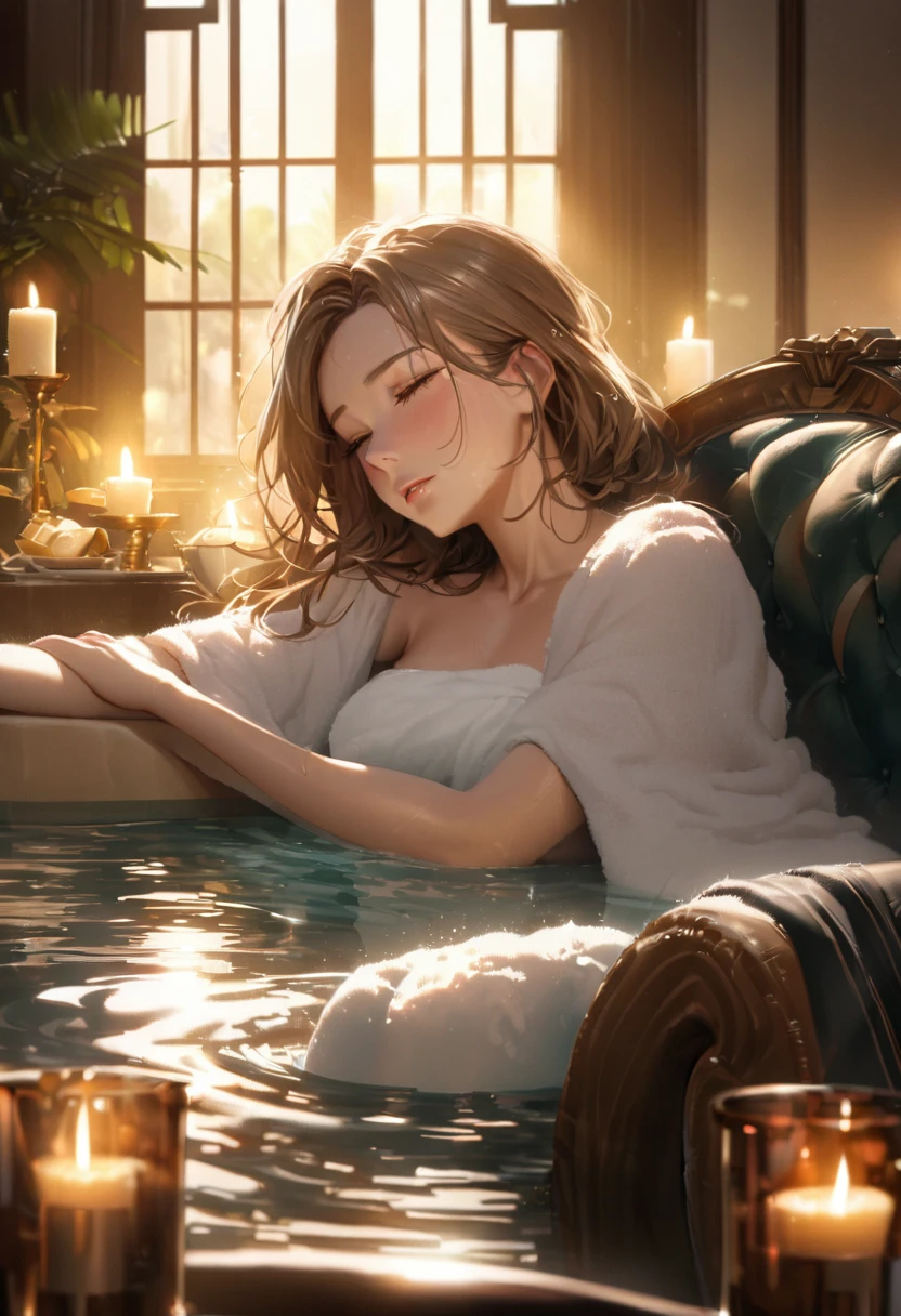 Captain Marvel, bubble bath, relaxing, uniform, draped, chair, detailed eyes, detailed lips, girl, bath foam, soothing music, candles, luxurious, sparkling water, steam, comfort, soft towel, peaceful atmosphere, superhero, tired, relaxation, calm, rejuvenating, serene, perfect temperature, steam rising, indulgence, bubbles, exquisite, tranquil, tranquility, refreshing, glowing skin, beautiful, deep relaxation, unwind, peaceful energy, pampering, self-care, escape, stress relief, rejuvenation, sparkling clean, invigorating, Blissful, divine. (best quality, highres, ultra-detailed), (photorealistic:1.37), professional, vibrant colors, dreamy lighting