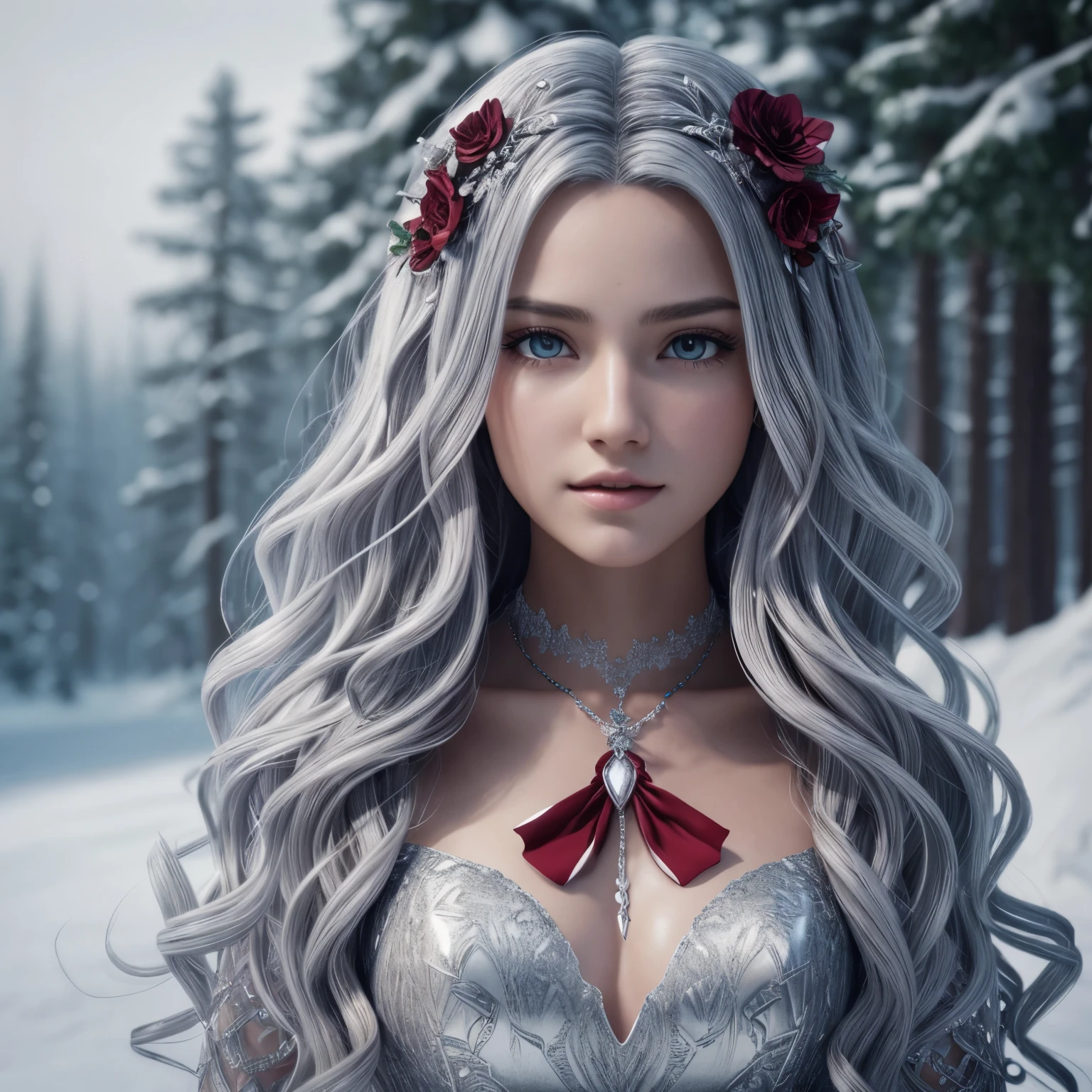 {{masterpiece}},best quality,highly detailed,extremely detailed CG unity 8k wallpaper,illustraction, 1girl, red eyes, wavy silver hair, pointy ears, vampire, dress, necklace, hair flower, snow, ice, full body, shot,high close up, highly detailed,center frame,sharp focus, looking at viewer, floting hair,