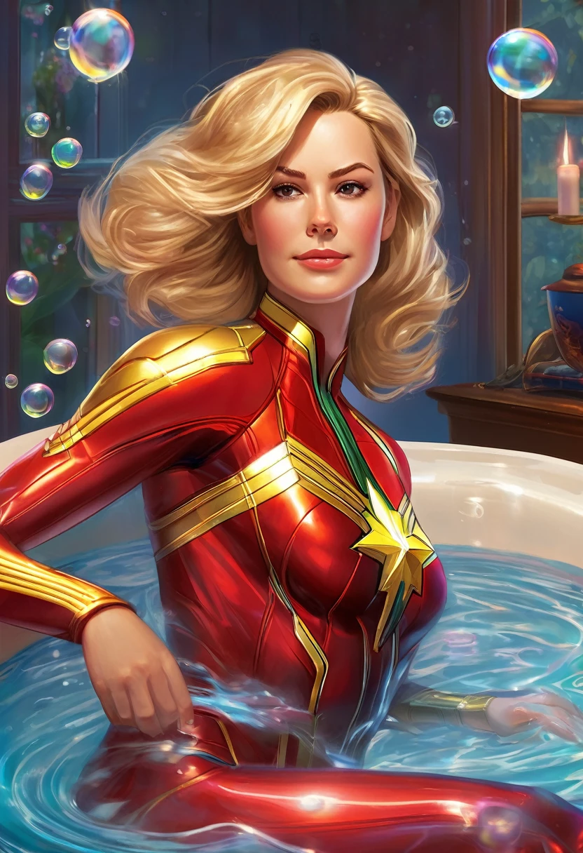 Captain Marvel, bubble bath, relaxing, uniform, draped, chair, detailed eyes, detailed lips, girl, bath foam, soothing music, candles, luxurious, sparkling water, steam, comfort, soft towel, peaceful atmosphere, superhero, tired, relaxation, calm, rejuvenating, serene, perfect temperature, steam rising, indulgence, bubbles, exquisite, tranquil, tranquility, refreshing, glowing skin, beautiful, deep relaxation, unwind, peaceful energy, pampering, self-care, escape, stress relief, rejuvenation, sparkling clean, invigorating, Blissful, divine. (best quality, highres, ultra-detailed), (photorealistic:1.37), professional, vibrant colors, dreamy lighting