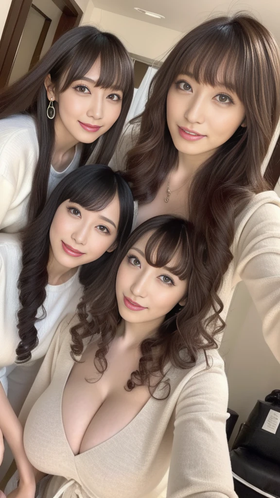 (((Japanese、Three Women、Blonde、full body、Real、cancer)))、masterpiece、highest quality、Ultra HD、Grin,bed、 Very detailed and beautiful,40-year-old woman、Mature attractive woman、brown eys、Baby Face、True Face、Looking at this、(gigantic breasts:1.4)、huge areola、Dark areola、full body、pubic hair、parted bangs、sleepwear、Gal、absolutely long hair、(curly hair:1.3)、(Long eyelashes)、dark lipstick、Pregnant women