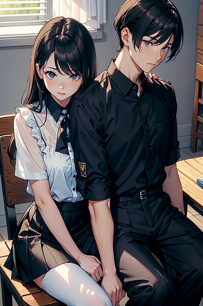 top-quality masterpiece Male and female couples Girl sitting on a chair wearing a tight skirt over a blouse。Boys hugging each other from behind。Boy in high school long pants uniform with mash cut hairstyle。Without glasses、Revenge relationship